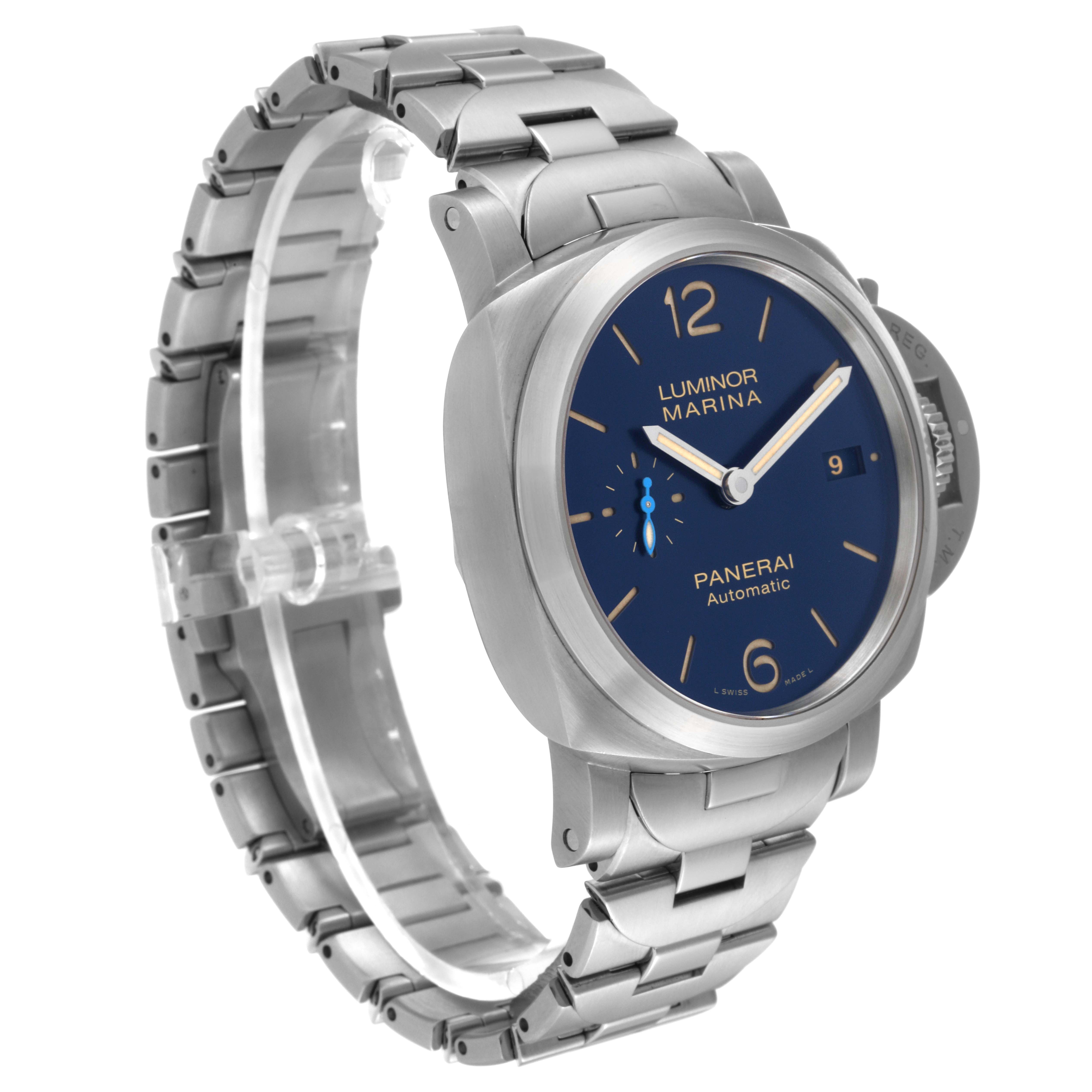 The image shows a Panerai Luminor PAM01028 Men's Stainless Steel Blue Dial PAM01028 Men's Stainless Steel Blue Dial Marina watch at a front-left angle, highlighting the blue dial, stainless steel case, and bracelet.