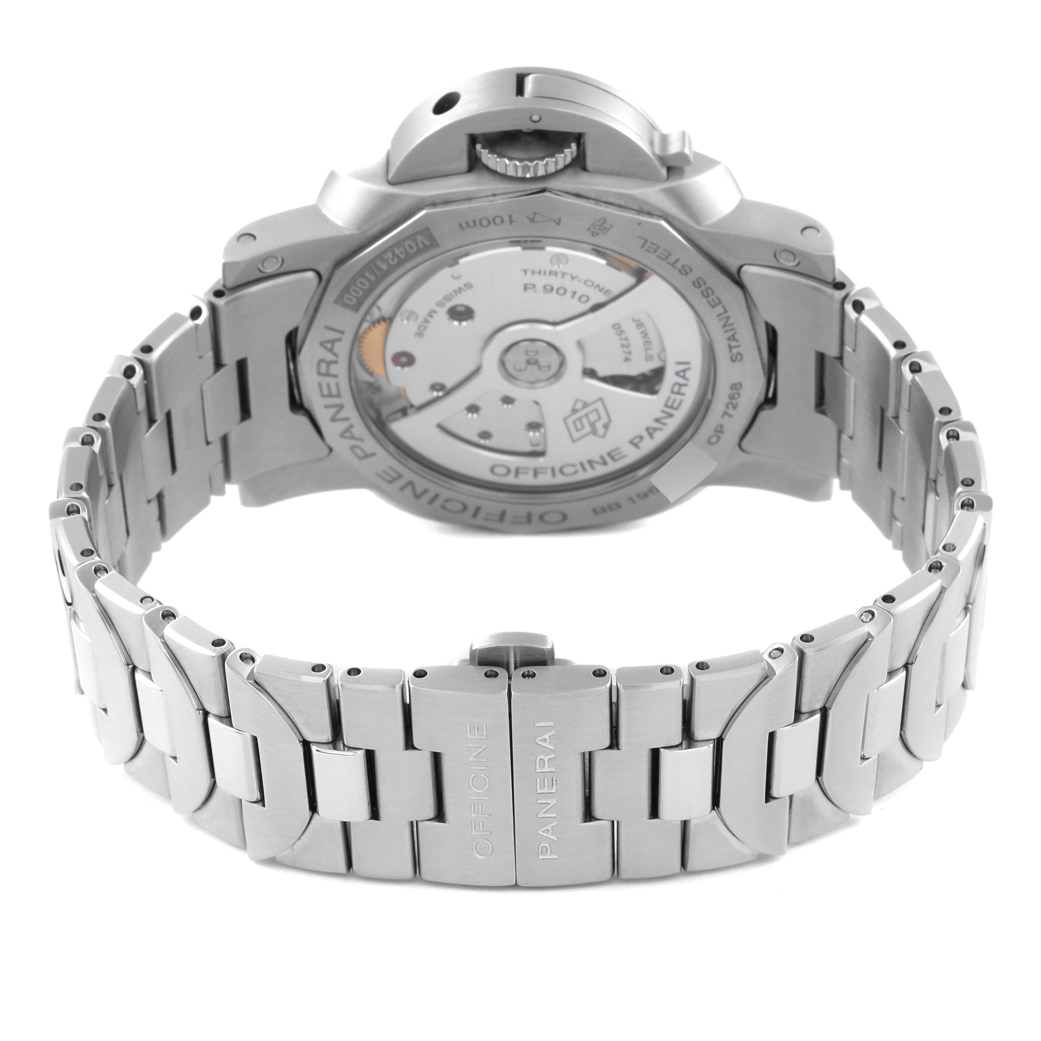 The image shows the back view of a Panerai Luminor PAM01028 Men's Stainless Steel Blue Dial PAM01028 Men's Stainless Steel Blue Dial watch, highlighting the movement and stainless steel bracelet.