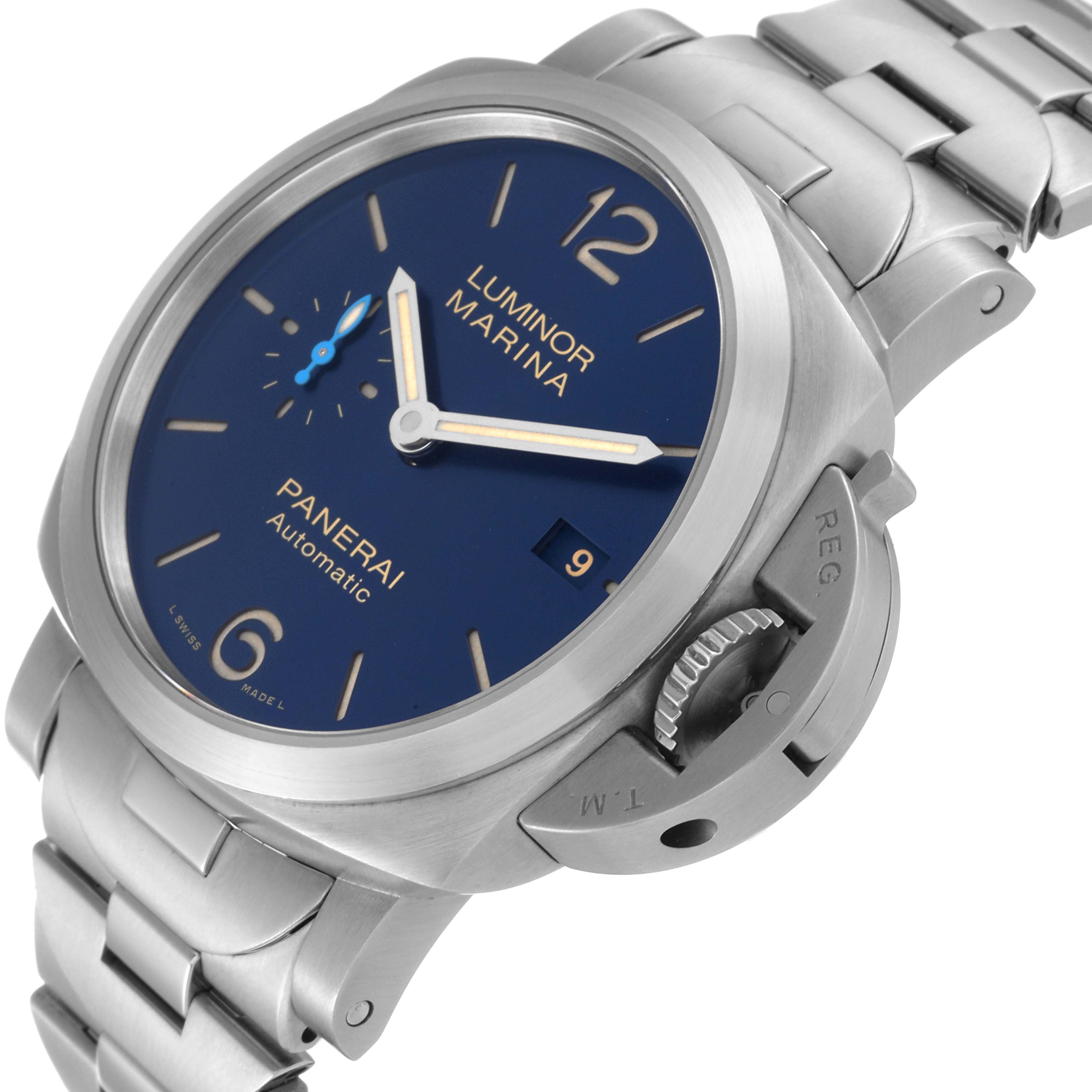 The Panerai Luminor PAM01028 Men's Stainless Steel Blue Dial PAM01028 Men's Stainless Steel Blue Dial watch is shown at a slight angle, highlighting the face, crown guard, and metal bracelet.