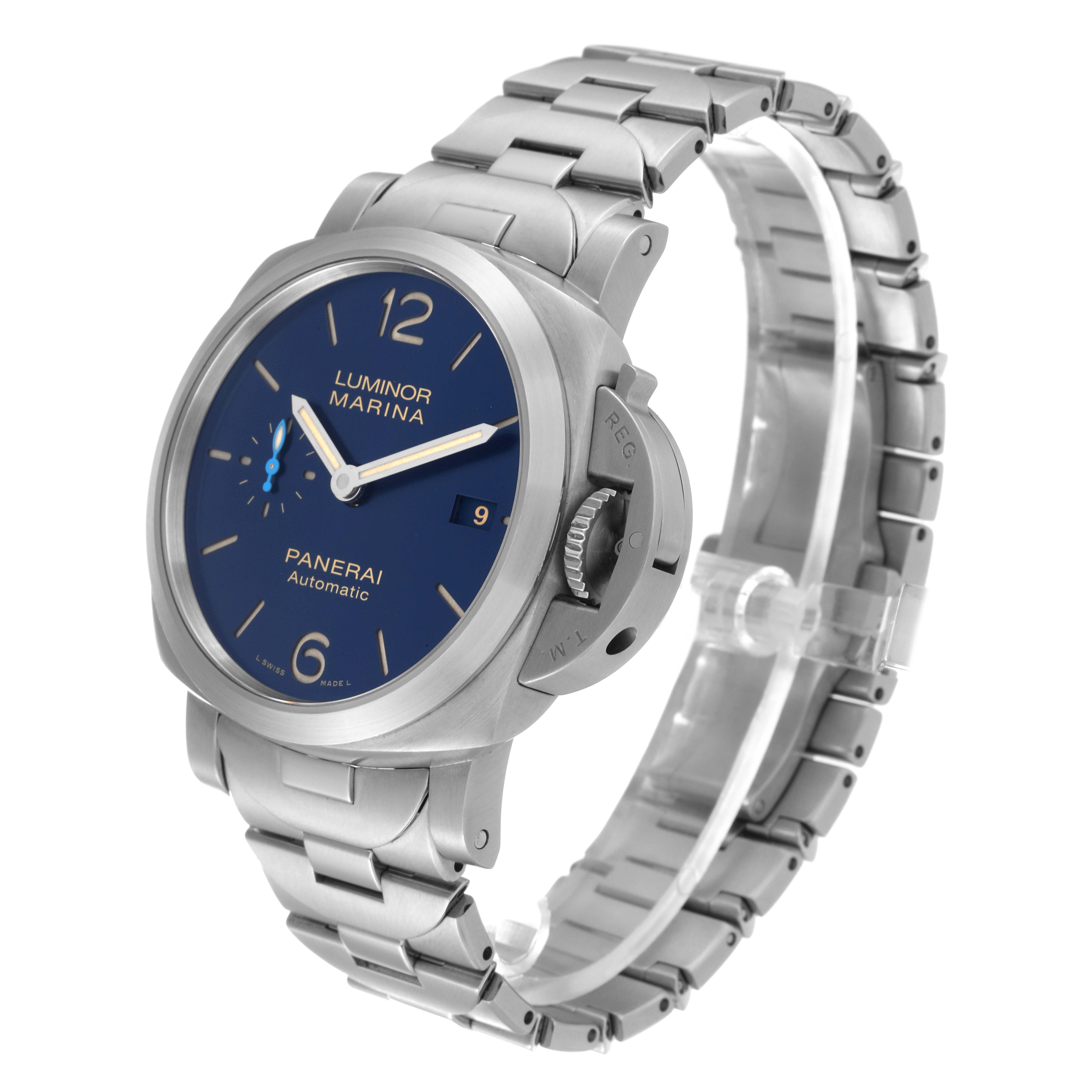 The Panerai Luminor PAM01028 Men's Stainless Steel Blue Dial PAM01028 Men's Stainless Steel Blue Dial Marina watch is shown at an angle highlighting the face, crown guard, and stainless steel bracelet.