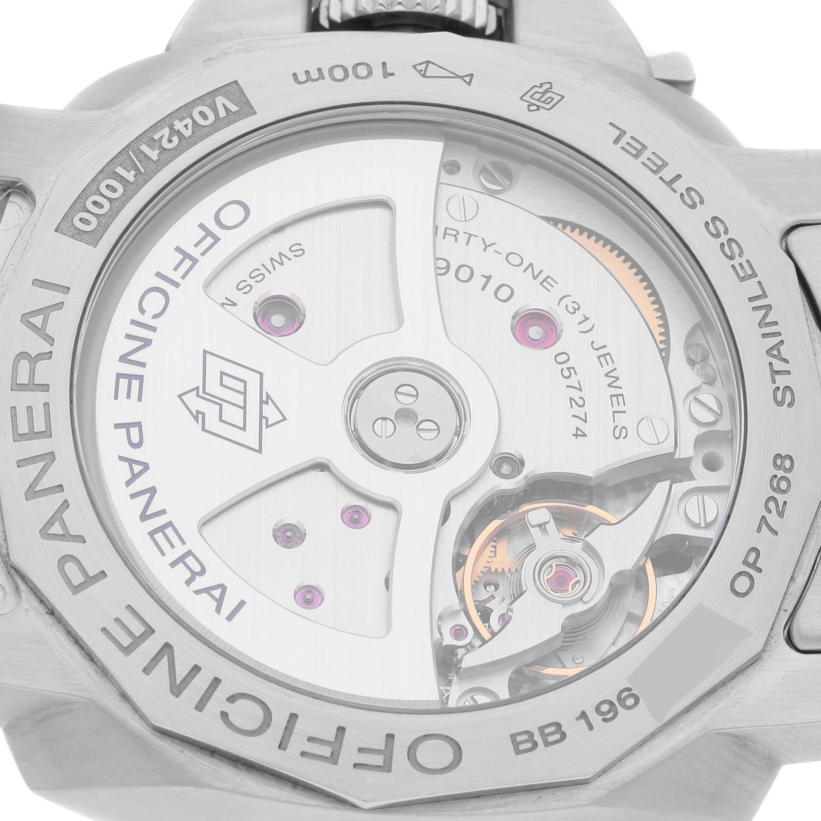 This is the back view of the Panerai Luminor PAM01028 Men's Stainless Steel Blue Dial PAM01028 Men's Stainless Steel Blue Dial watch, showing the inner mechanical movement and engravings.