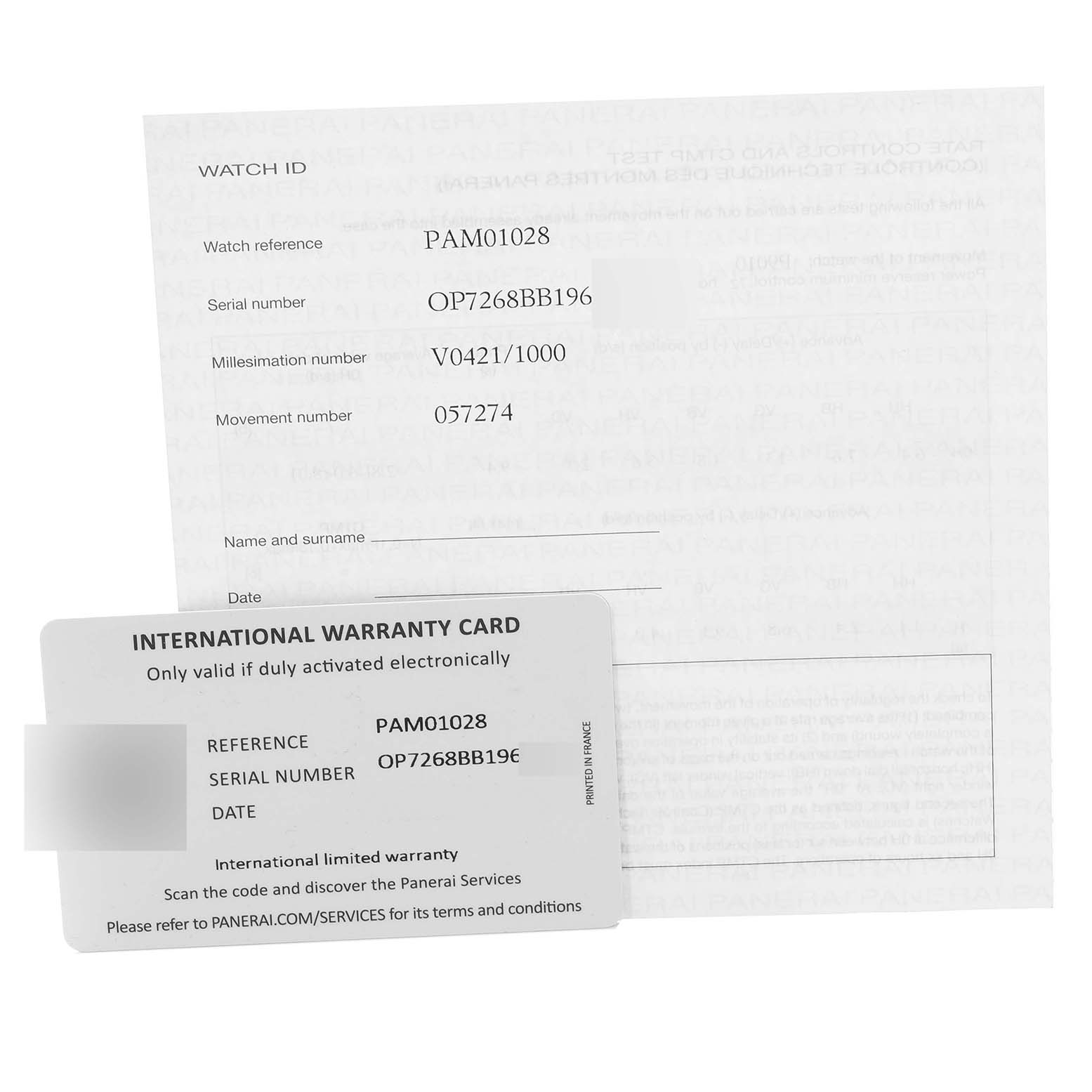 The image shows the warranty card and paperwork for a Panerai Luminor PAM01028 Men's Stainless Steel Blue Dial PAM01028 Men's Stainless Steel Blue Dial model PAM01028 watch.
