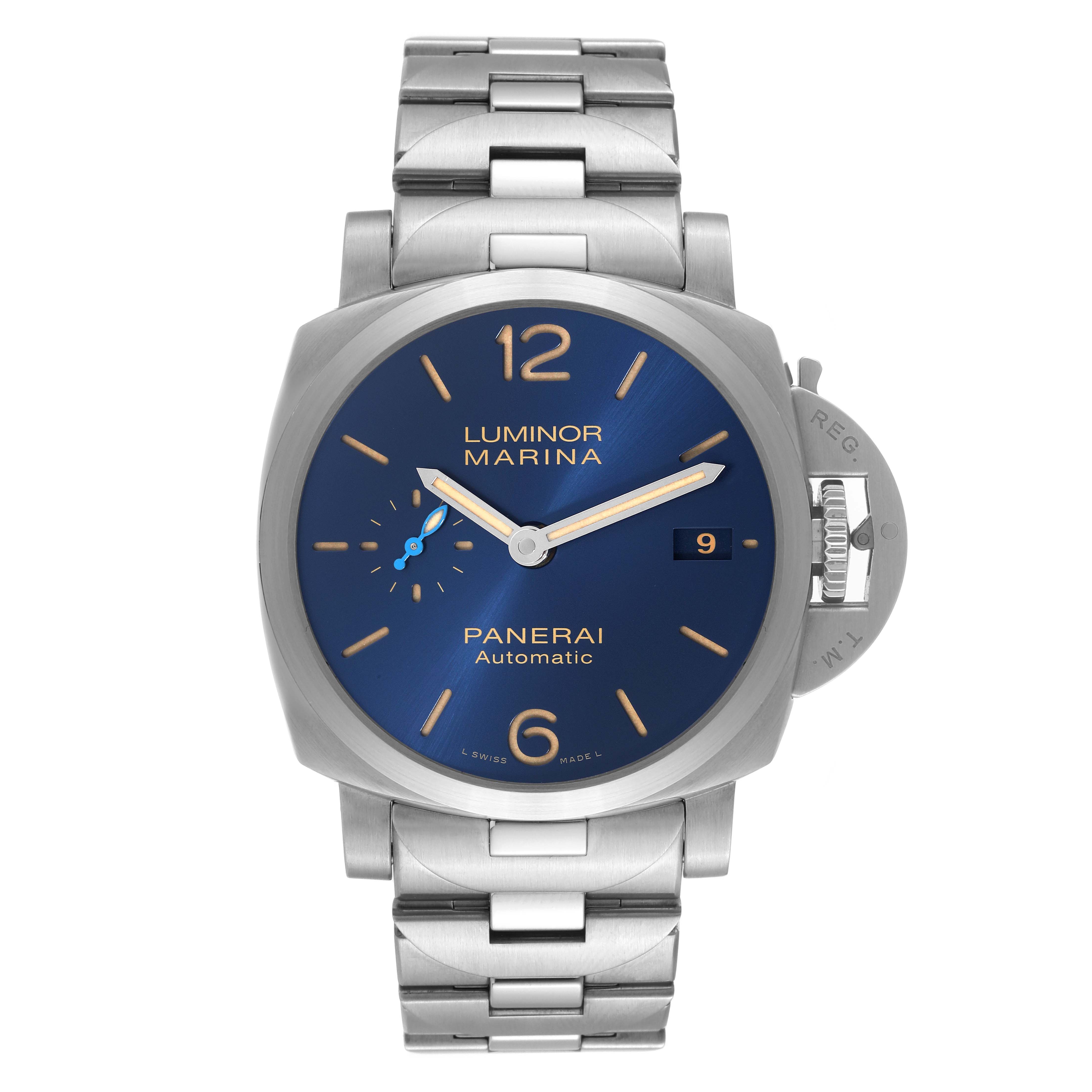 The image shows a Panerai Luminor PAM01028 Men's Stainless Steel Blue Dial PAM01028 Men's Stainless Steel Blue Dial model watch from a front angle, highlighting its blue dial, date display, and stainless steel bracelet.