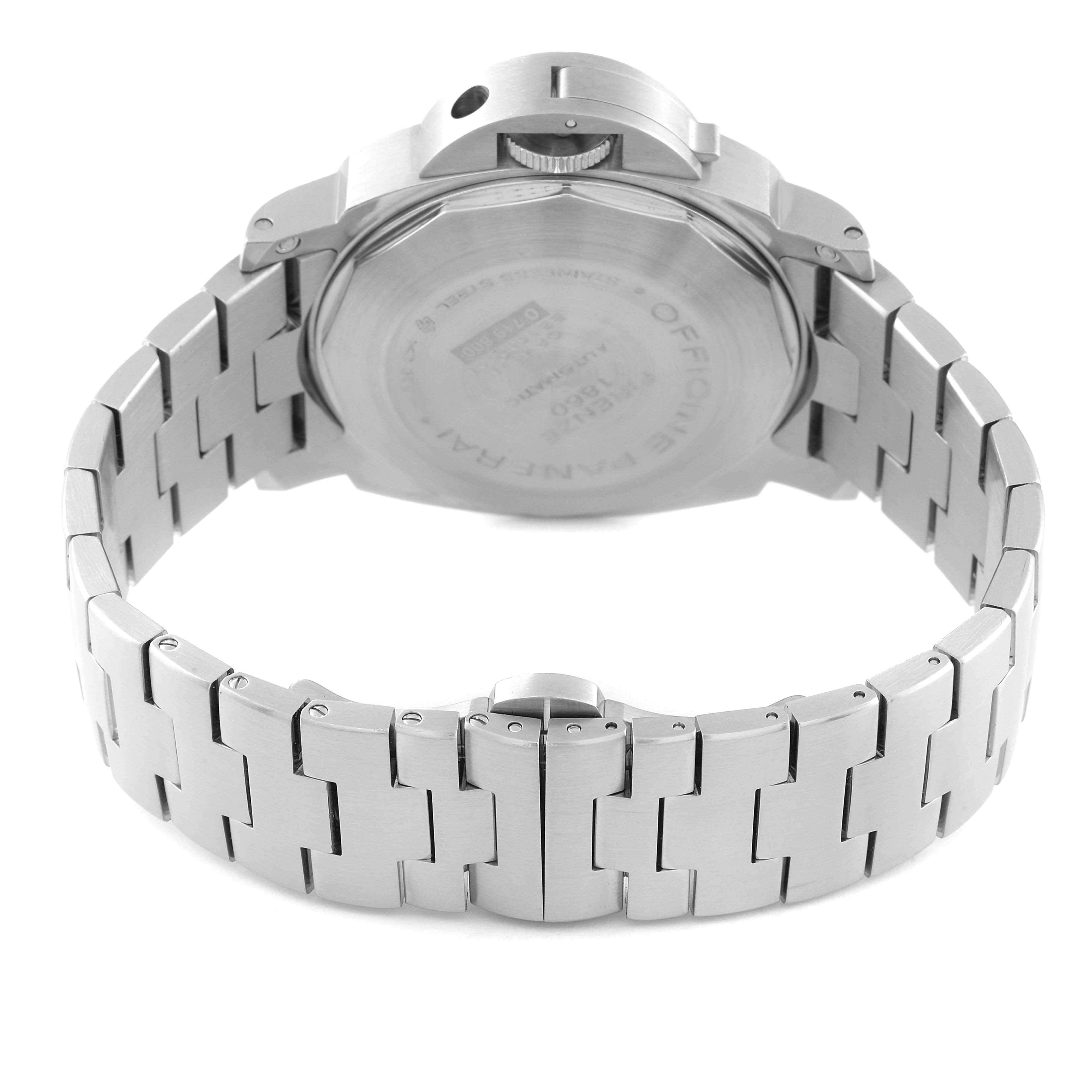 The image shows the back view of a Panerai Luminor PAM00299 Men
s Stainless Steel Black Dial PAM00299 Men
s Stainless Steel Black Dial watch with a metal bracelet.