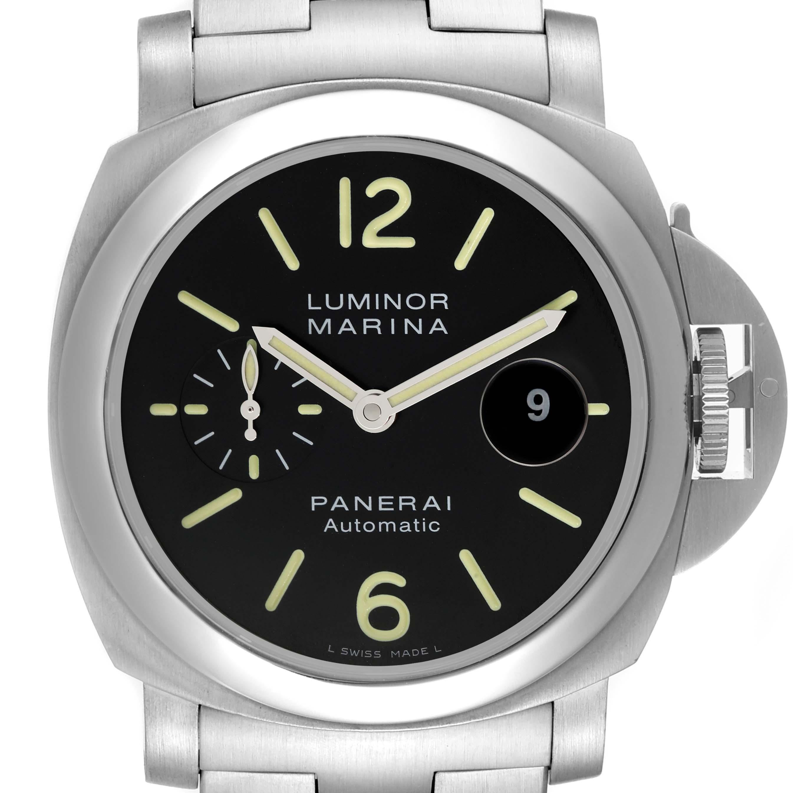 This Panerai Luminor PAM00299 Men
s Stainless Steel Black Dial PAM00299 Men
s Stainless Steel Black Dial model watch is shown from a front angle, highlighting its dial, crown guard, and part of the bracelet.