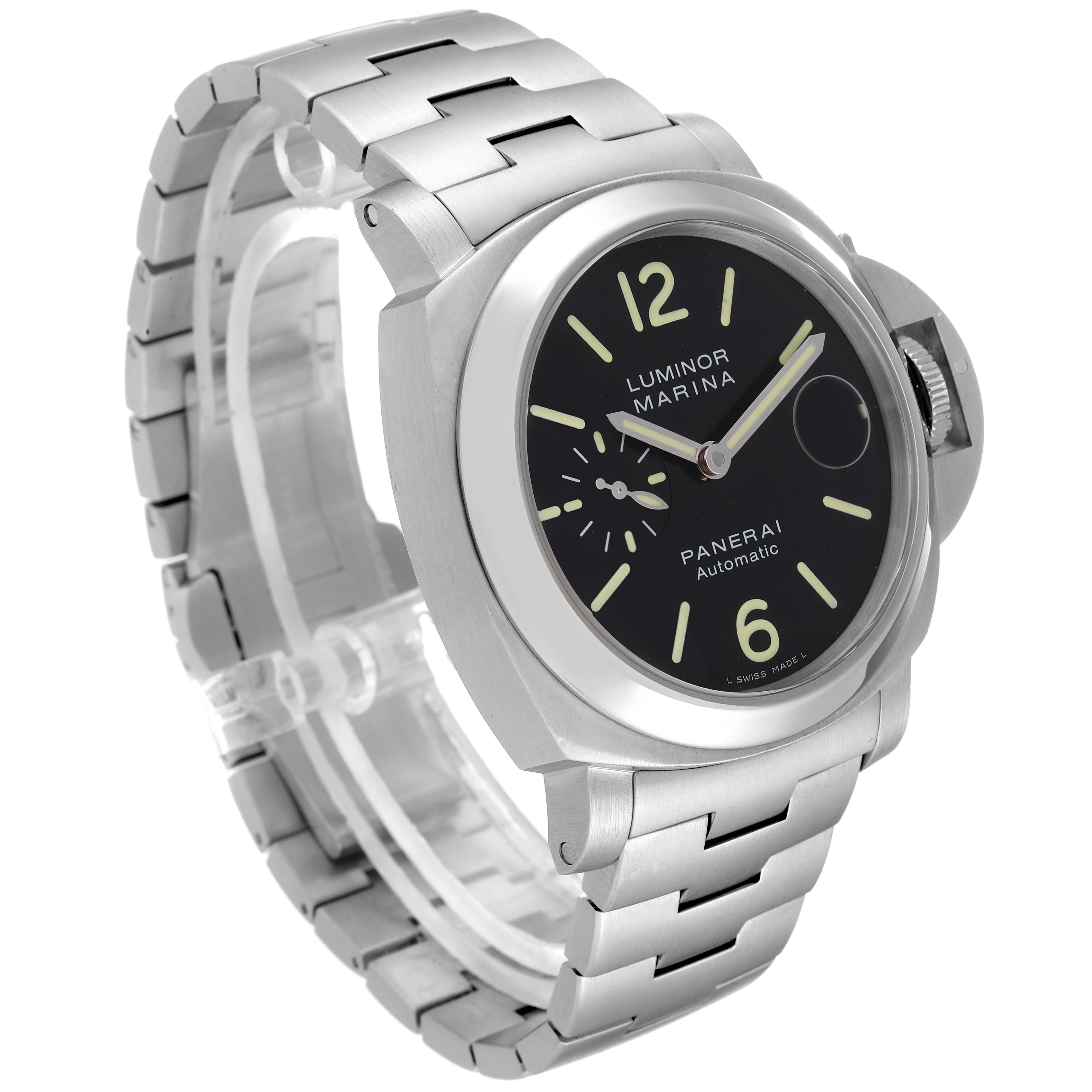 The image shows a Panerai Luminor PAM00299 Men
s Stainless Steel Black Dial PAM00299 Men
s Stainless Steel Black Dial watch at a three-quarter angle, highlighting the face, crown guard, and metal bracelet.