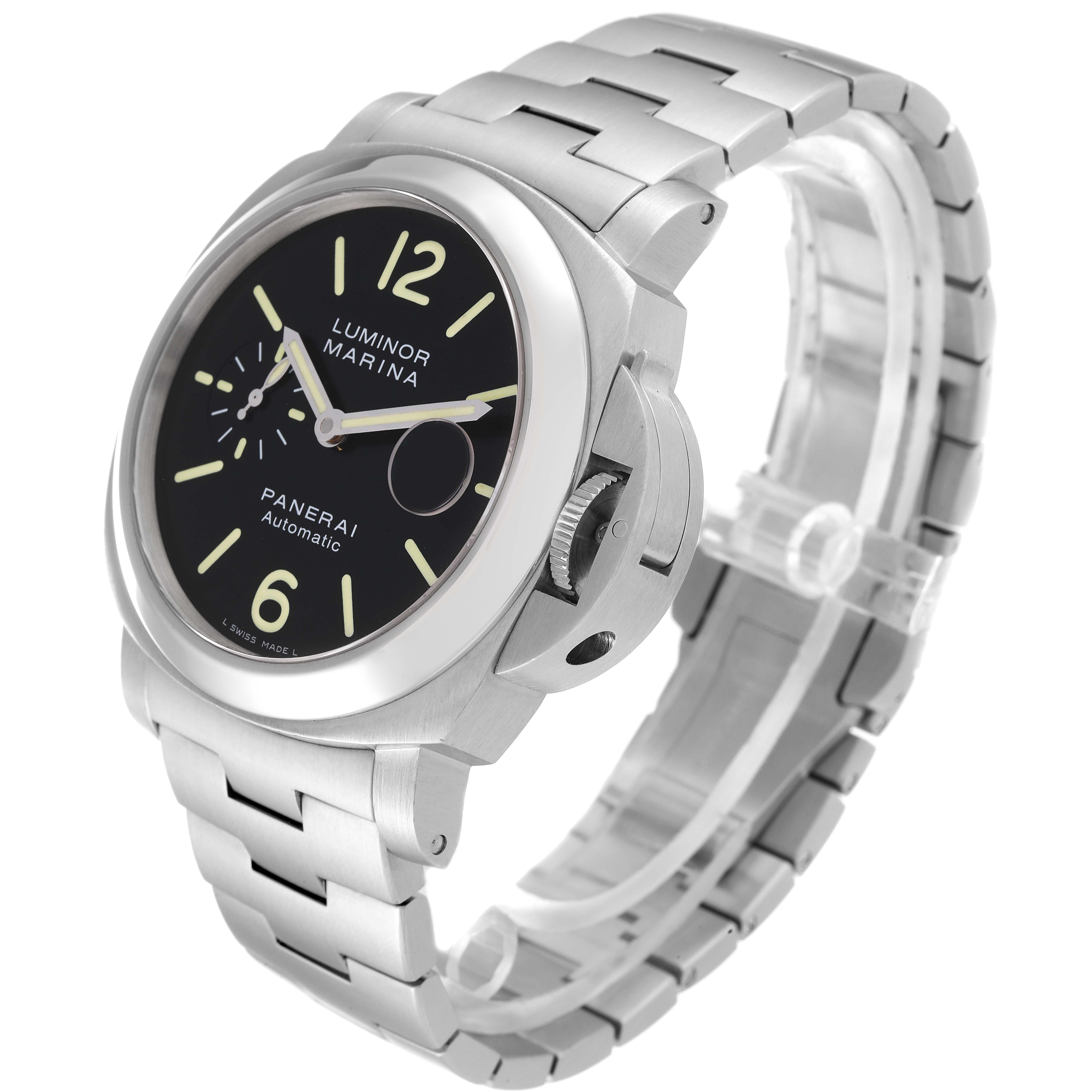 This image shows a Panerai Luminor PAM00299 Men
s Stainless Steel Black Dial PAM00299 Men
s Stainless Steel Black Dial Marina watch from a front-side angle, highlighting the dial, crown guard, and metal bracelet.