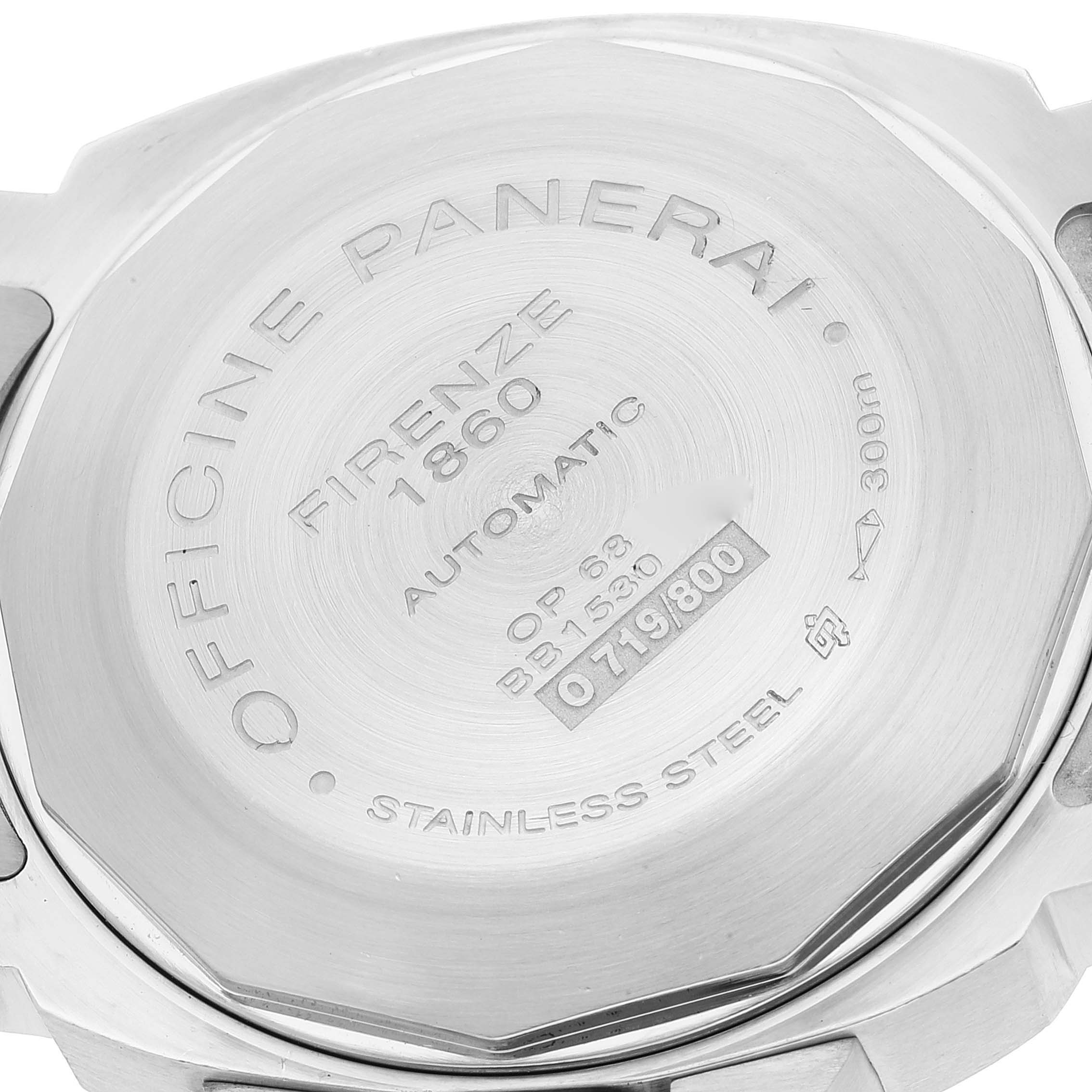 The image shows the back case of a Panerai Luminor PAM00299 Men
s Stainless Steel Black Dial PAM00299 Men
s Stainless Steel Black Dial watch, highlighting the engraved details and stainless steel material.