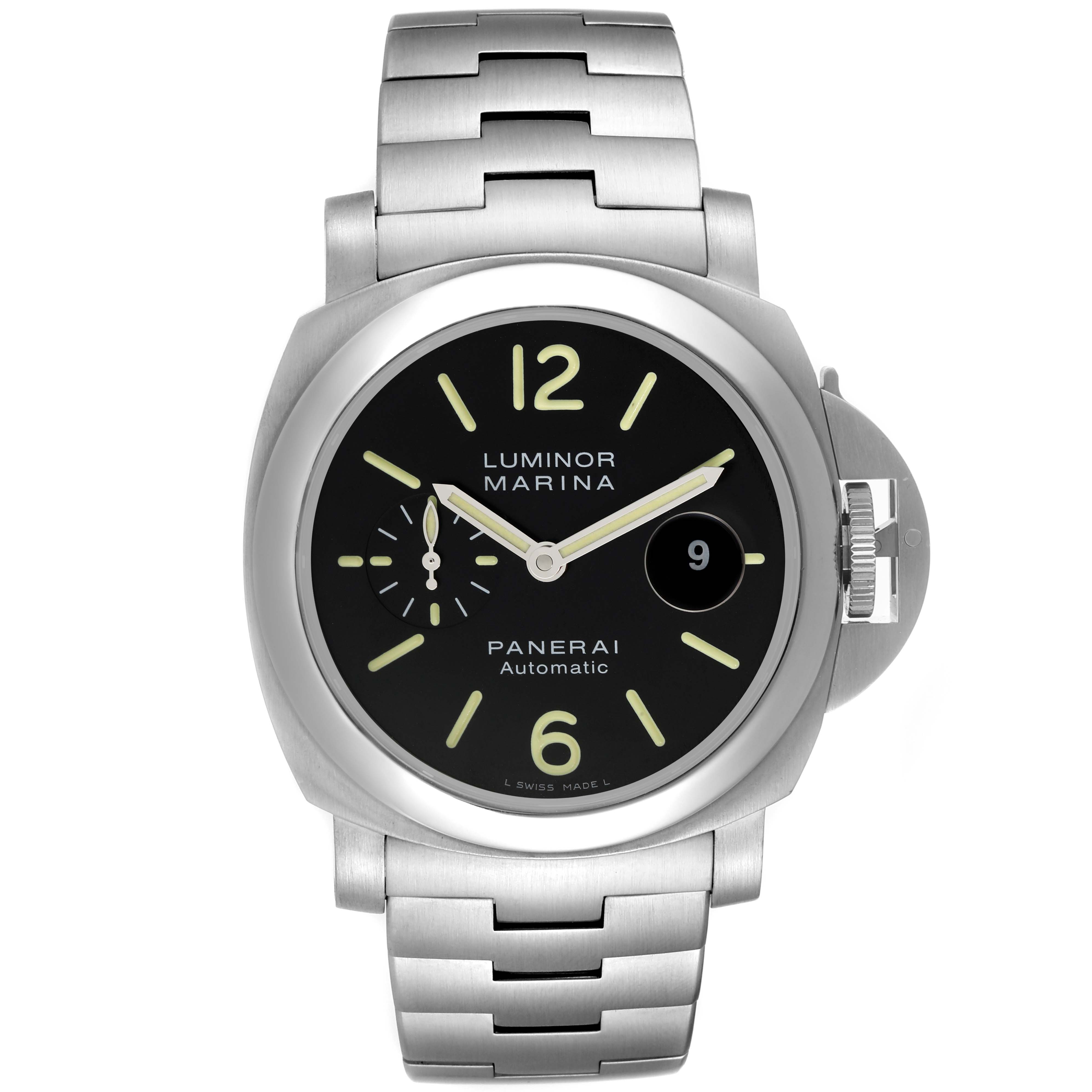 The image shows a Panerai Luminor PAM00299 Men
s Stainless Steel Black Dial PAM00299 Men
s Stainless Steel Black Dial Marina watch, viewed from the front, displaying the face, bezel, and metal strap.