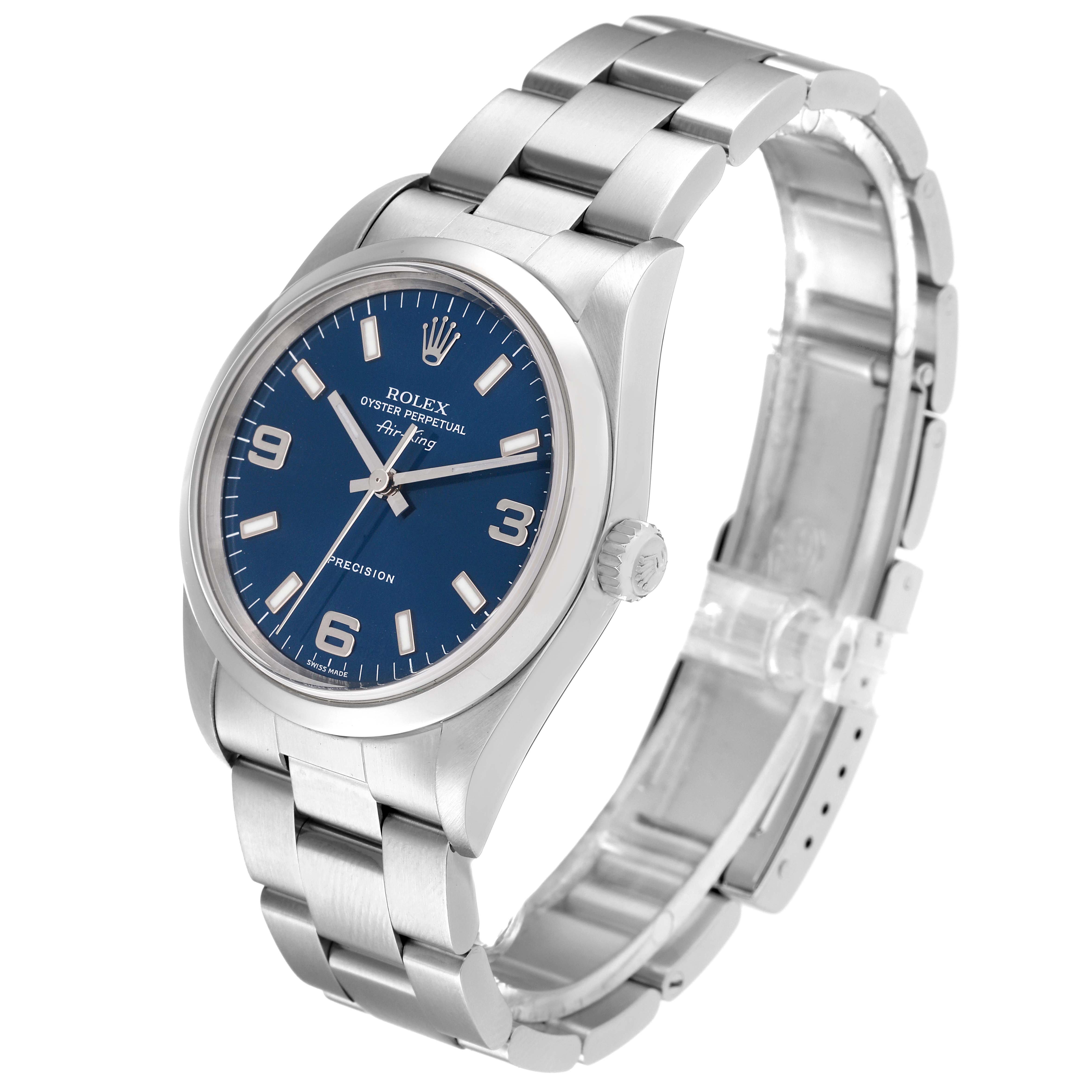 The image shows a side-angle view of the Rolex Air-King 14000 Men's Stainless Steel Blue Dial 14000 Men's Stainless Steel Blue Dial watch, highlighting its bracelet, case, and blue dial.