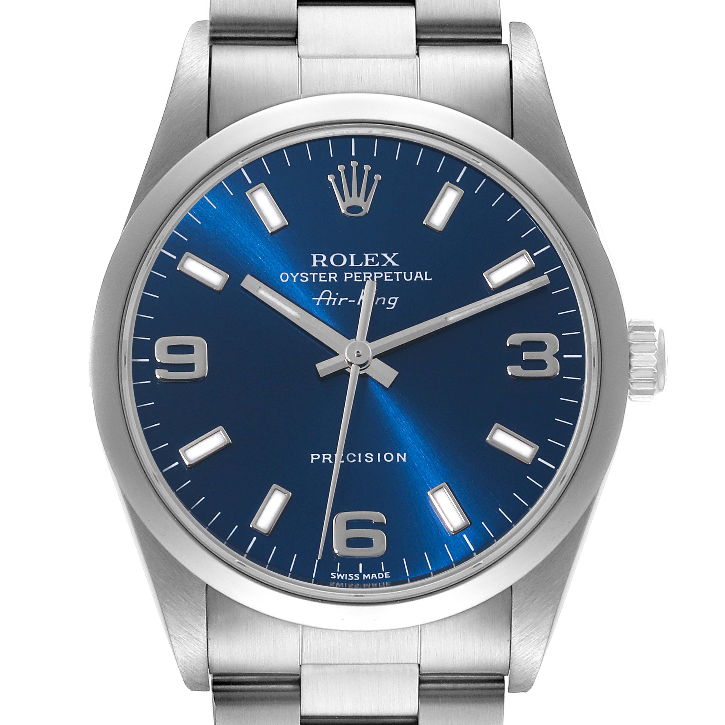 This image shows a front view of a Rolex Air-King 14000 Men's Stainless Steel Blue Dial 14000 Men's Stainless Steel Blue Dial watch, highlighting its blue dial, hour markers, and stainless steel bracelet.