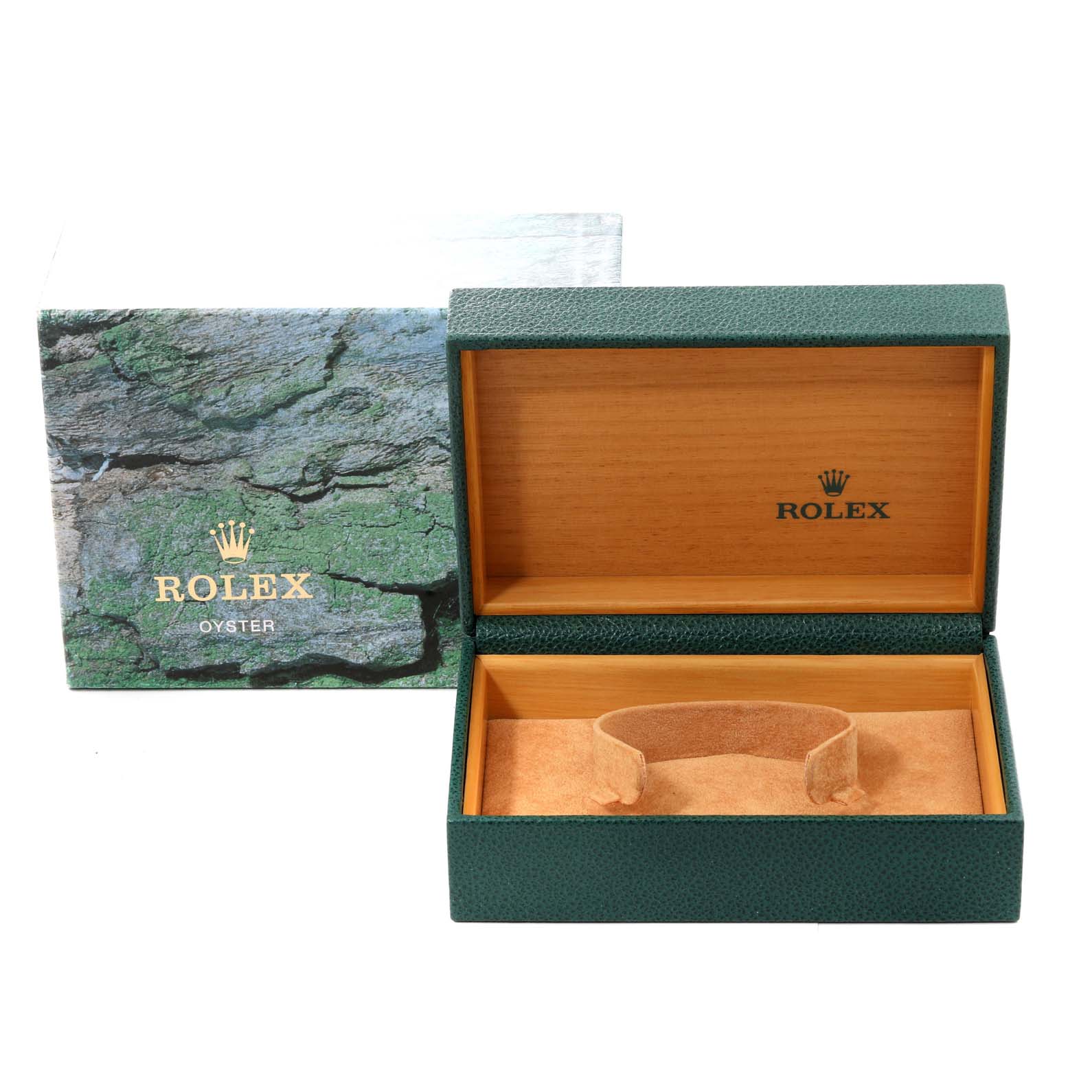 The image shows a Rolex Air-King 14000 Men's Stainless Steel Blue Dial 14000 Men's Stainless Steel Blue Dial watch box and outer packaging from a front angle, with the box open.