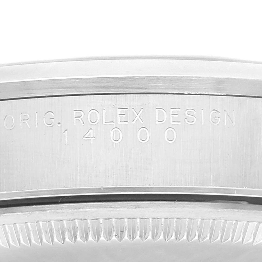 The image shows a close-up of the side casing with the engraved model number "14000" on a Rolex Air-King 14000 Men's Stainless Steel Blue Dial 14000 Men's Stainless Steel Blue Dial watch.