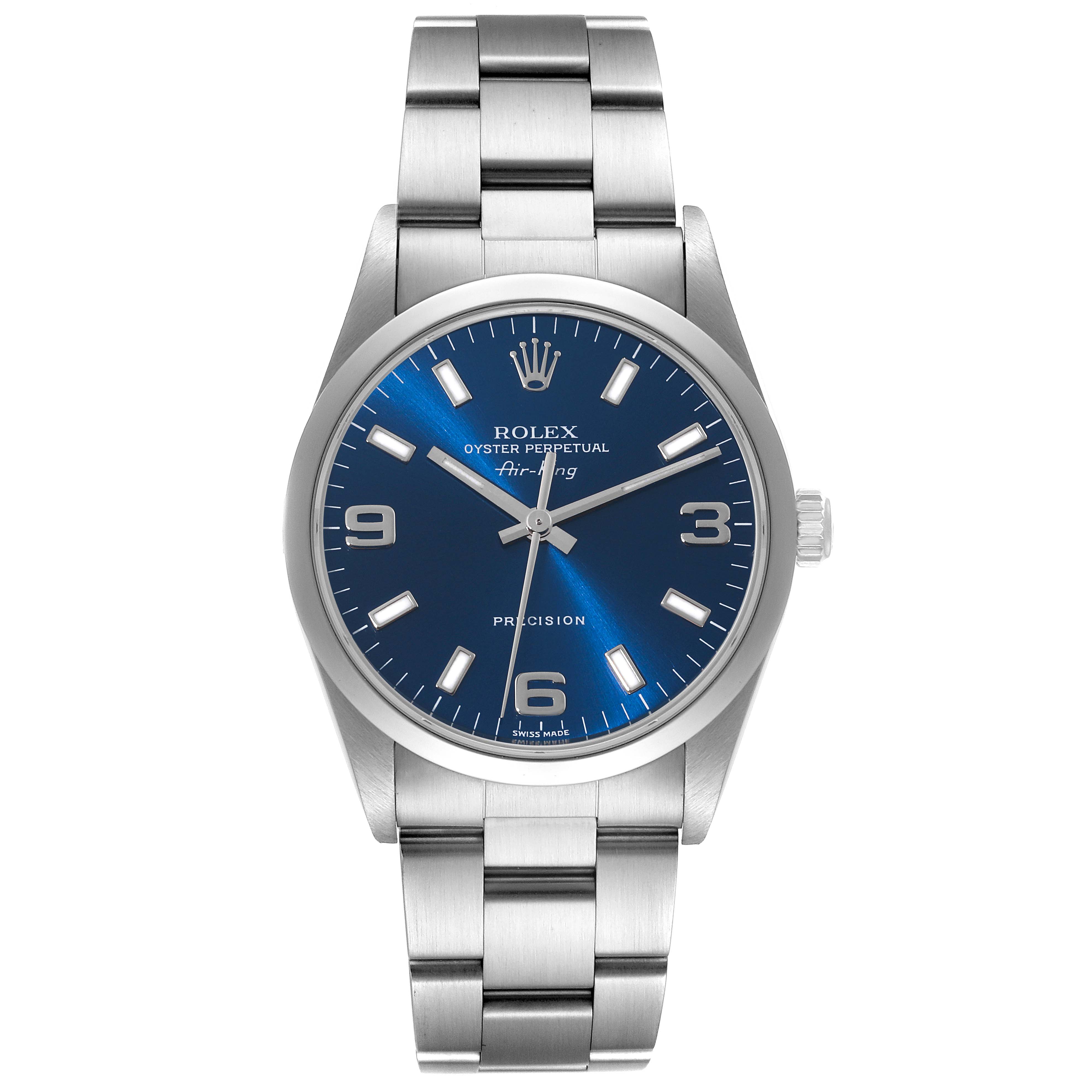 This image shows a front view of the Rolex Air-King 14000 Men's Stainless Steel Blue Dial 14000 Men's Stainless Steel Blue Dial watch, highlighting its blue dial, silver hands, and metal bracelet.