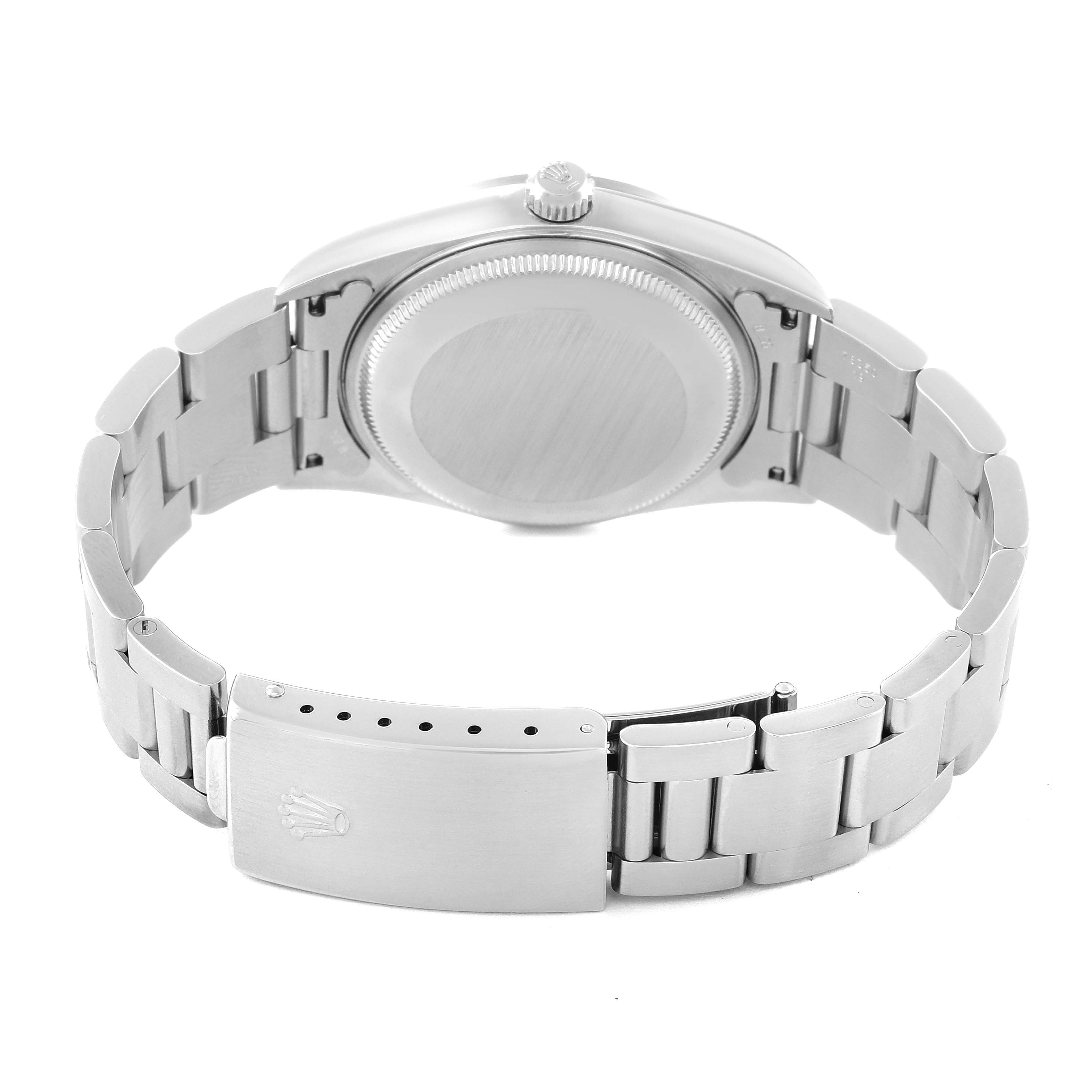 This image shows the back and clasp of a Rolex Air-King 14000 Men's Stainless Steel Blue Dial 14000 Men's Stainless Steel Blue Dial watch, highlighting the bracelet and case back.