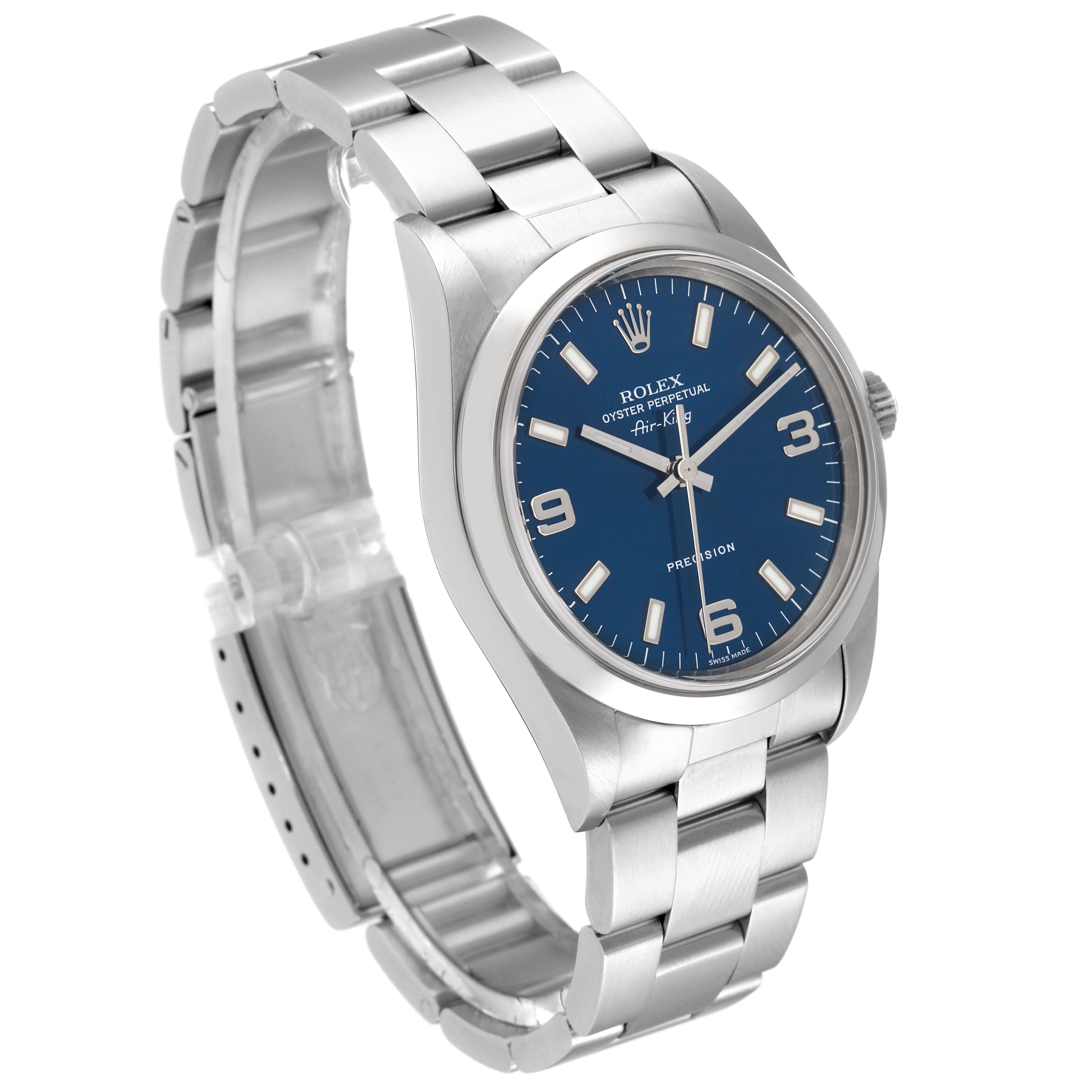 The Rolex Air-King 14000 Men's Stainless Steel Blue Dial 14000 Men's Stainless Steel Blue Dial watch is shown at an angled side view, displaying the face, bezel, and bracelet.