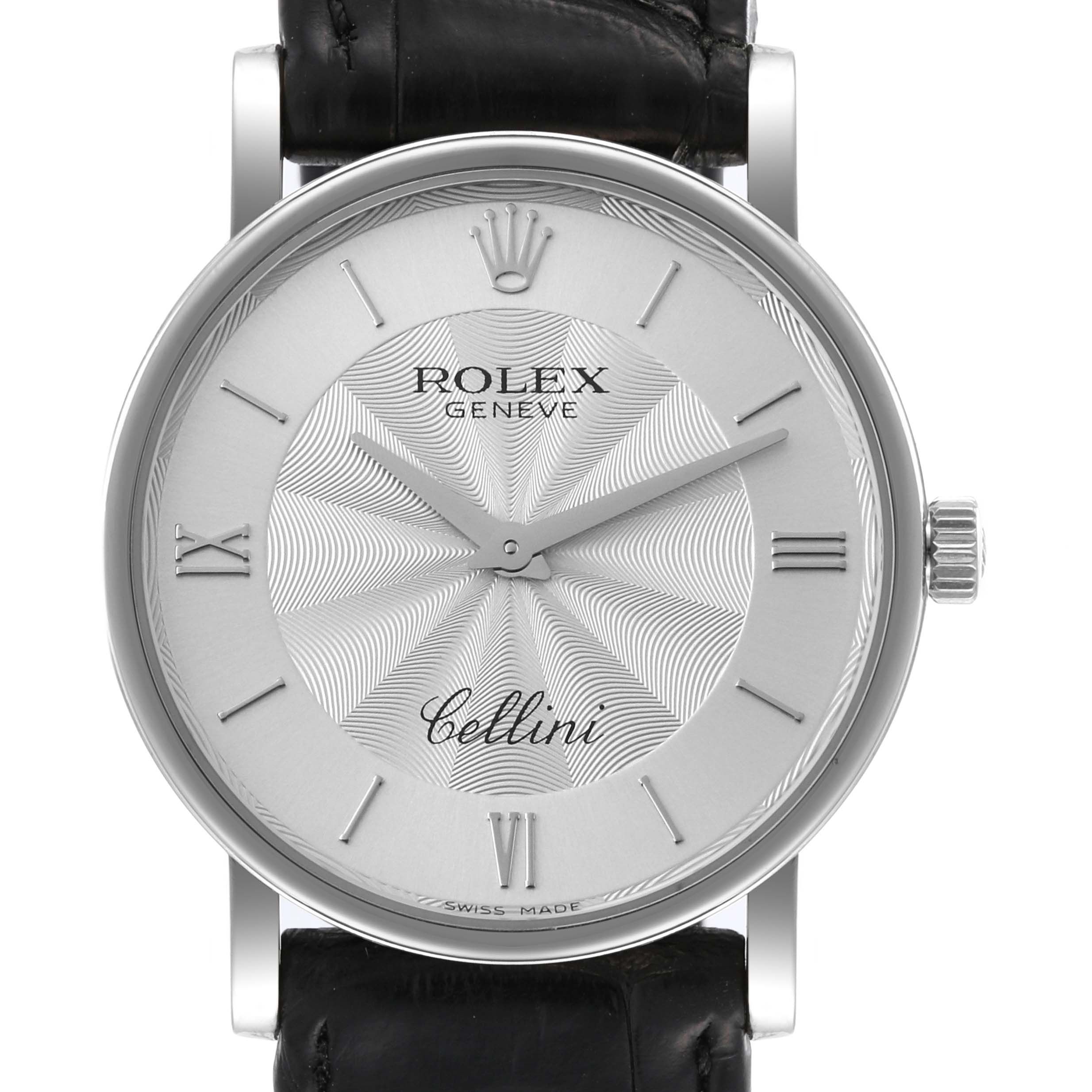The image shows a frontal view of the Rolex Cellini 5115 Men's White Gold Silver Dial 5115 Men's White Gold Silver Dial watch, displaying its dial, hands, crown, and a portion of the leather strap.