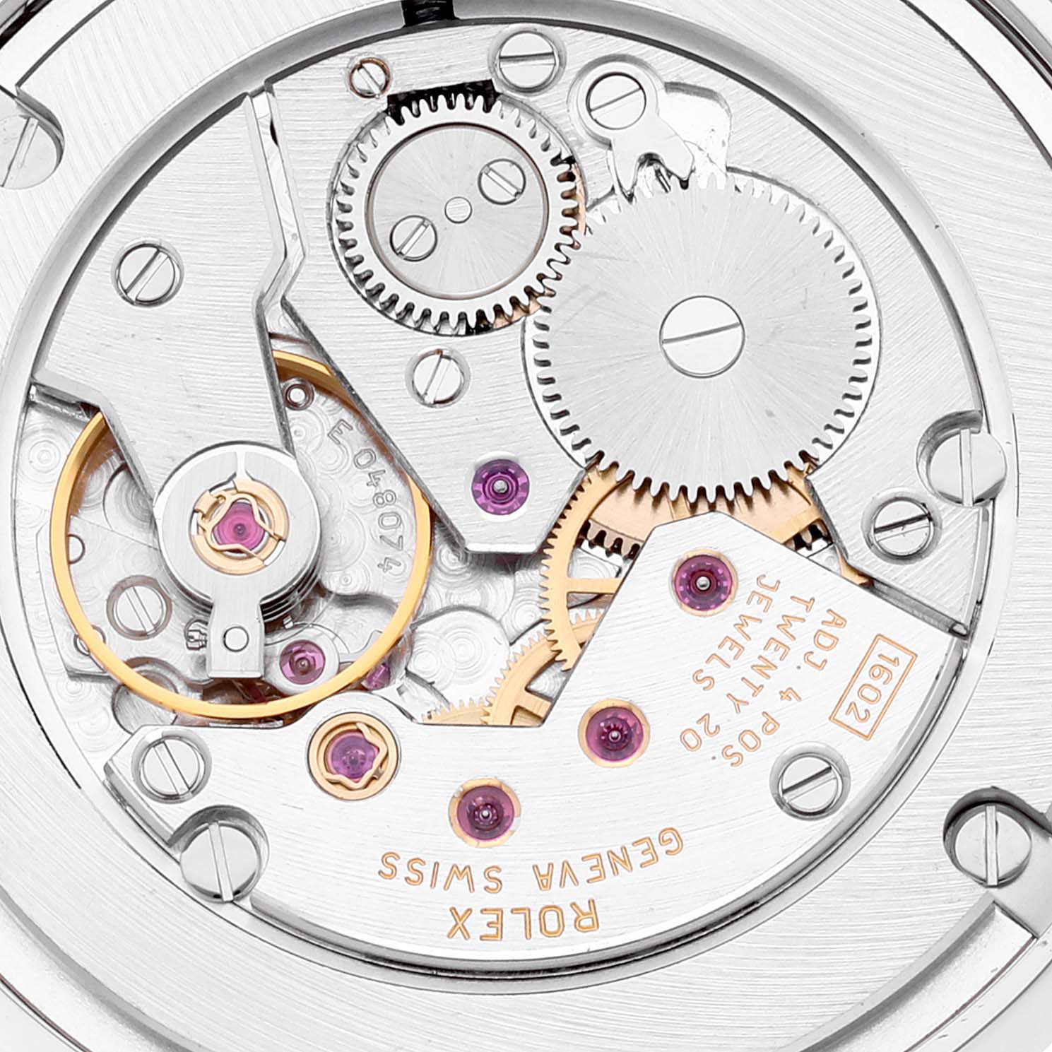 The image shows the intricate inner mechanical movements of a Rolex Cellini 5115 Men's White Gold Silver Dial 5115 Men's White Gold Silver Dial watch from a close-up angle.