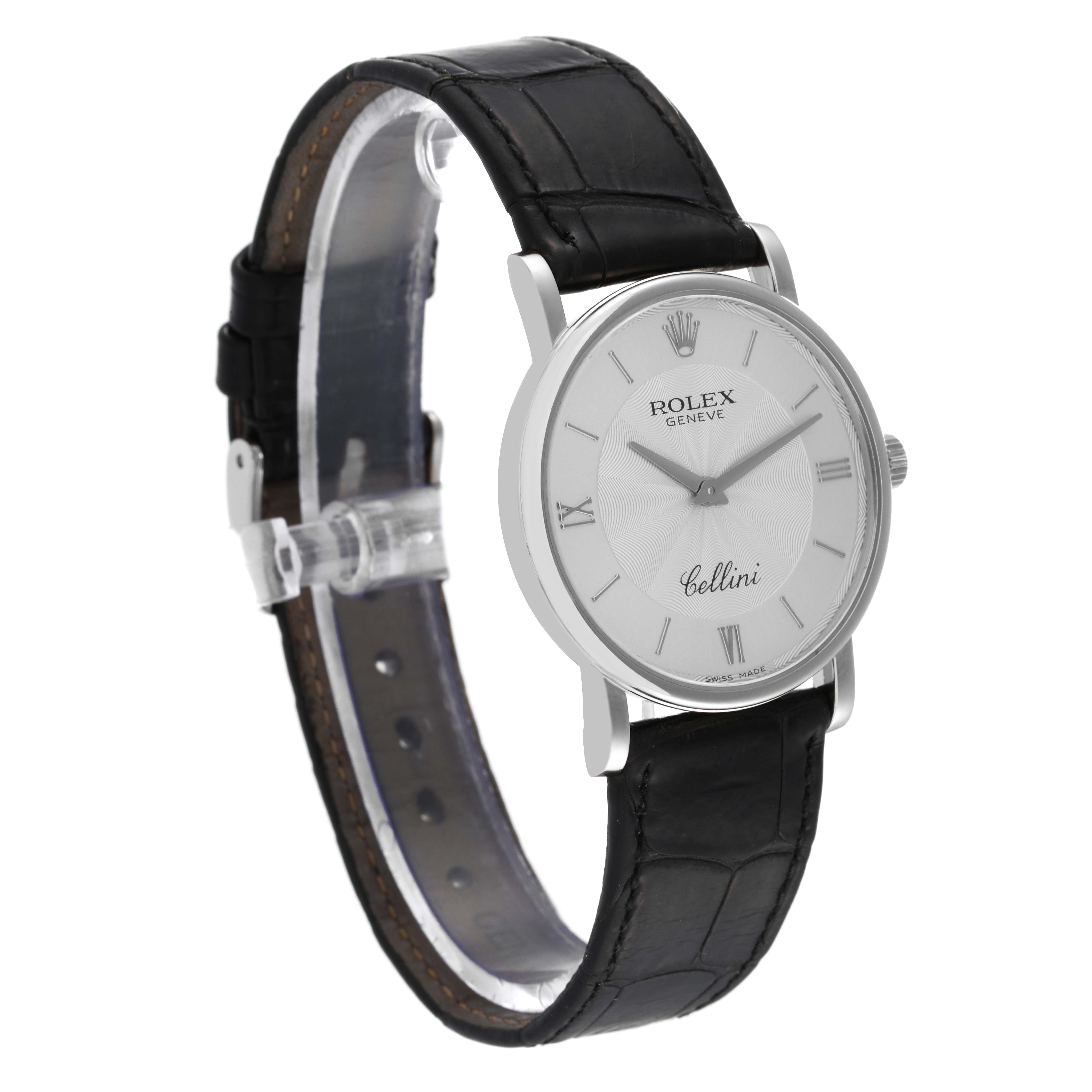 The image shows a side angle of a Rolex Cellini 5115 Men's White Gold Silver Dial 5115 Men's White Gold Silver Dial watch, displaying the face, leather strap, and clasp.