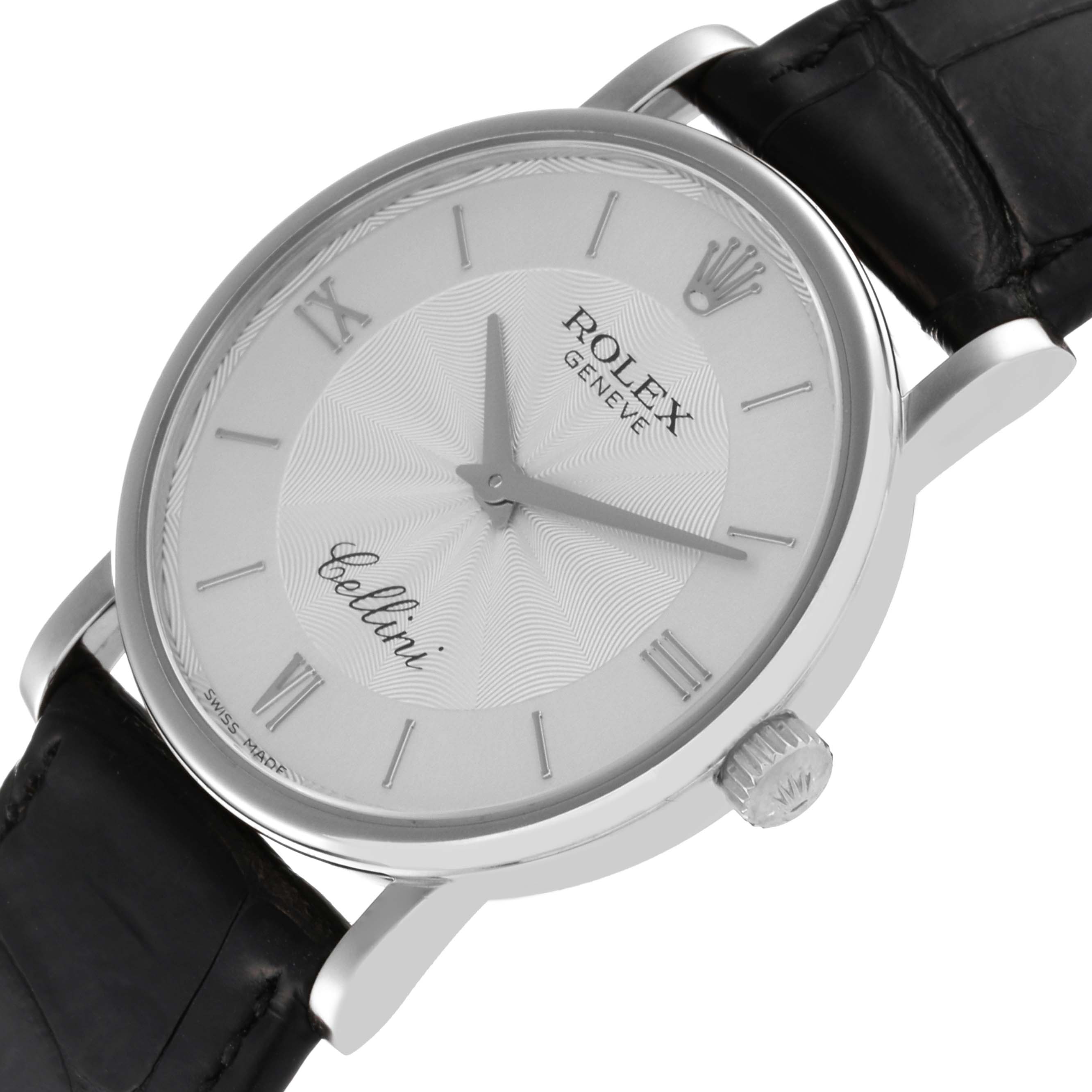 The image shows a close-up, angled view of the face and crown of the Rolex Cellini 5115 Men's White Gold Silver Dial 5115 Men's White Gold Silver Dial watch, highlighting its elegant design and leather strap.