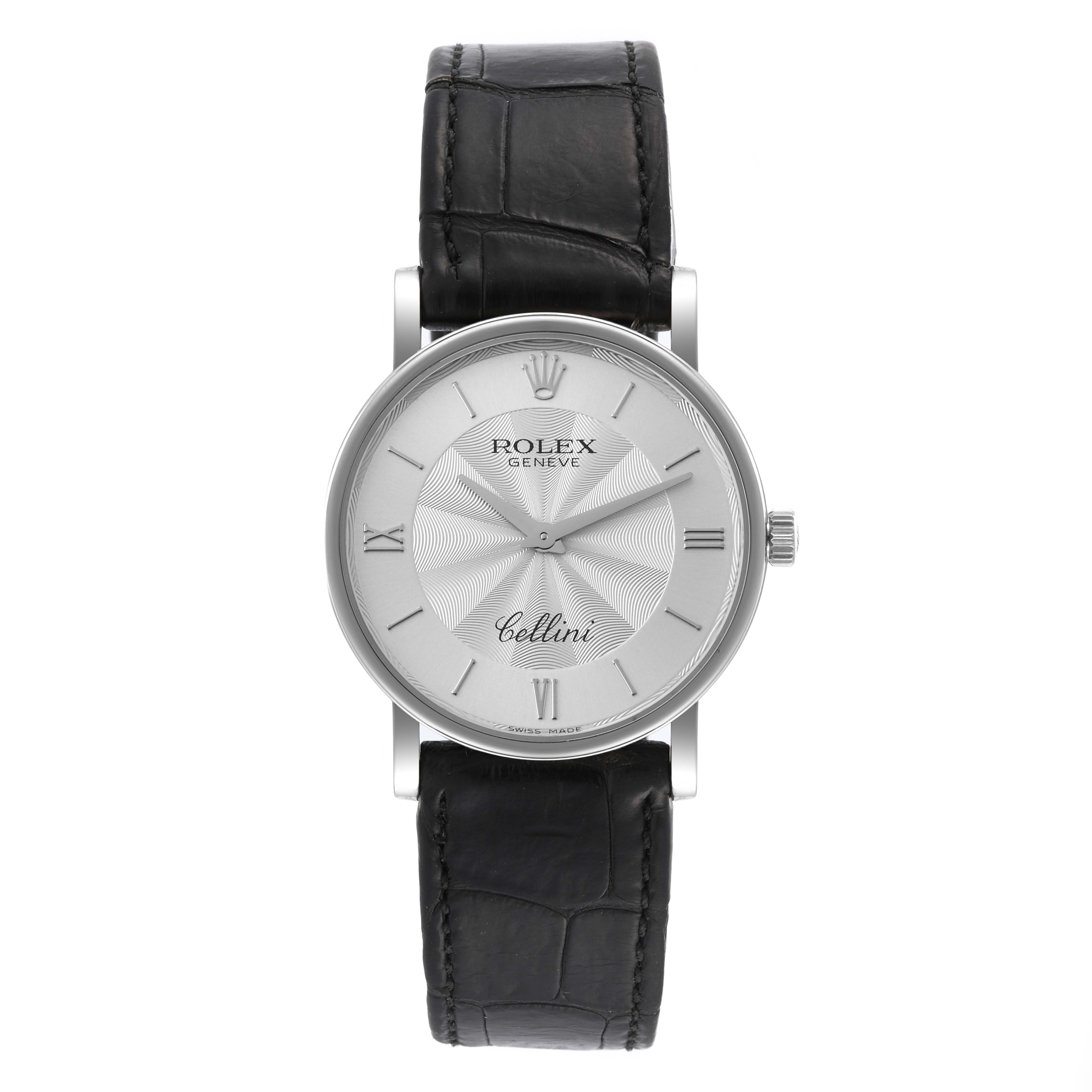 This image shows a front view of a Rolex Cellini 5115 Men's White Gold Silver Dial 5115 Men's White Gold Silver Dial watch, highlighting the dial and leather strap.