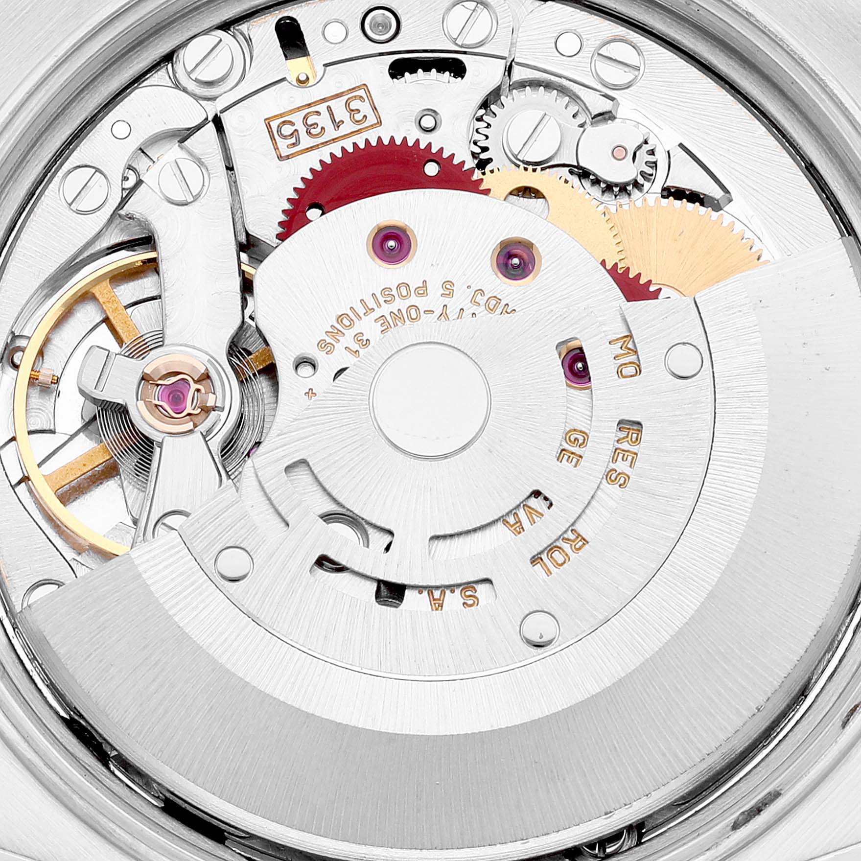 The image shows a close-up of the movement mechanism of a Rolex Date 15210 Men's Stainless Steel Black Dial 15210 Men's Stainless Steel Black Dial model watch, highlighting its intricate inner components.