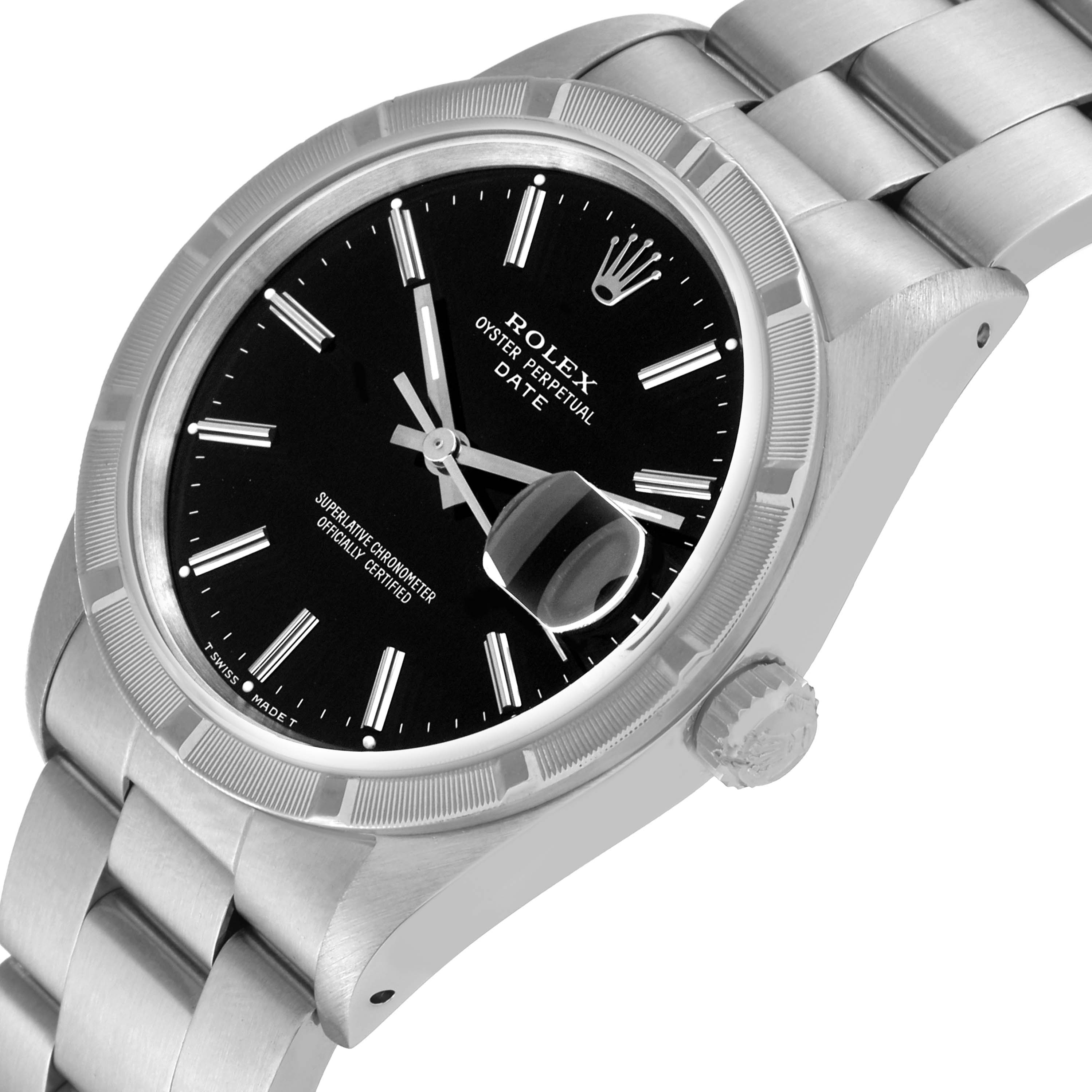 The image shows a side view of a Rolex Date 15210 Men's Stainless Steel Black Dial 15210 Men's Stainless Steel Black Dial model watch, featuring the bracelet, crown, dial, and date magnifier.