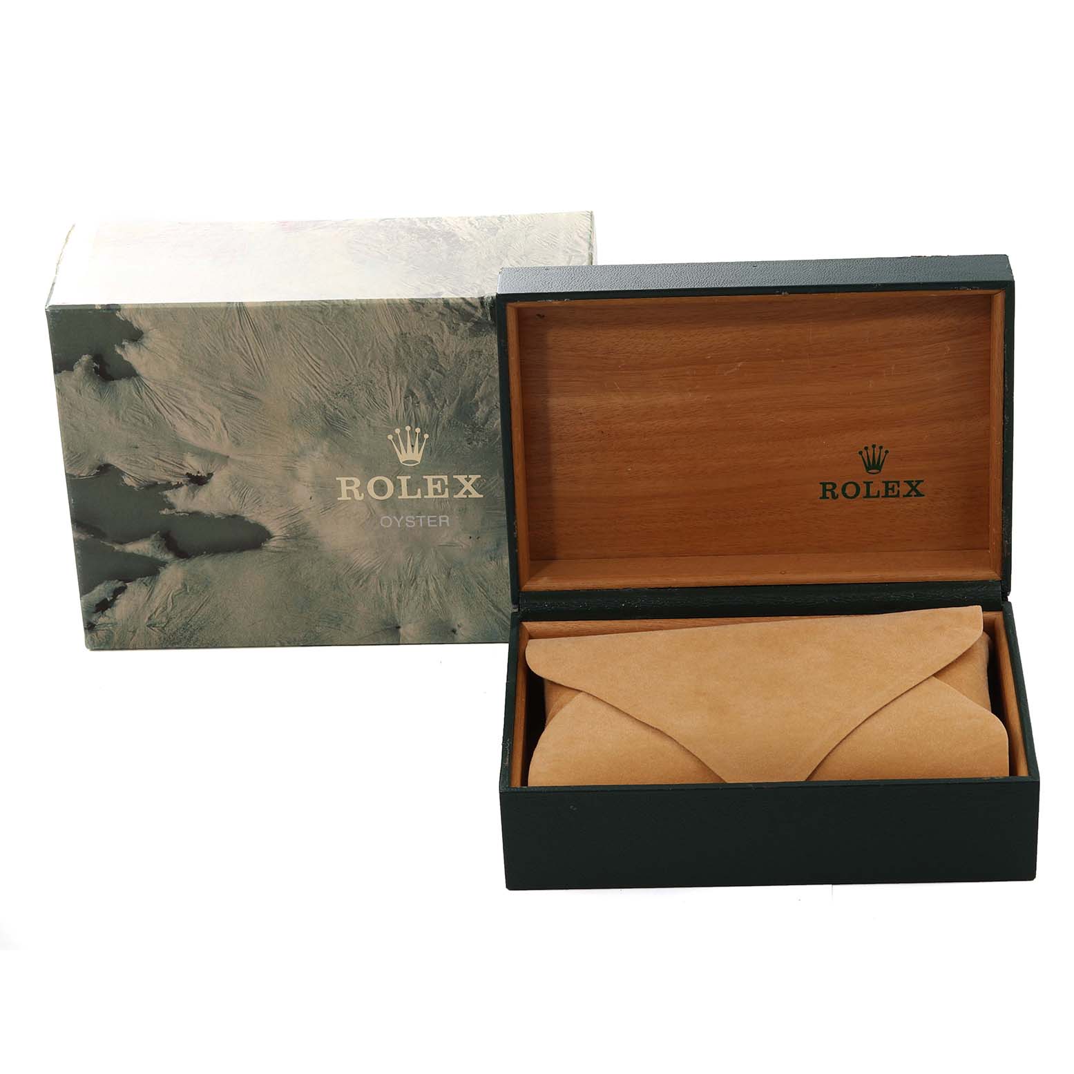 The image shows the exterior packaging and wooden inner box of a Rolex Date 15210 Men's Stainless Steel Black Dial 15210 Men's Stainless Steel Black Dial model watch.