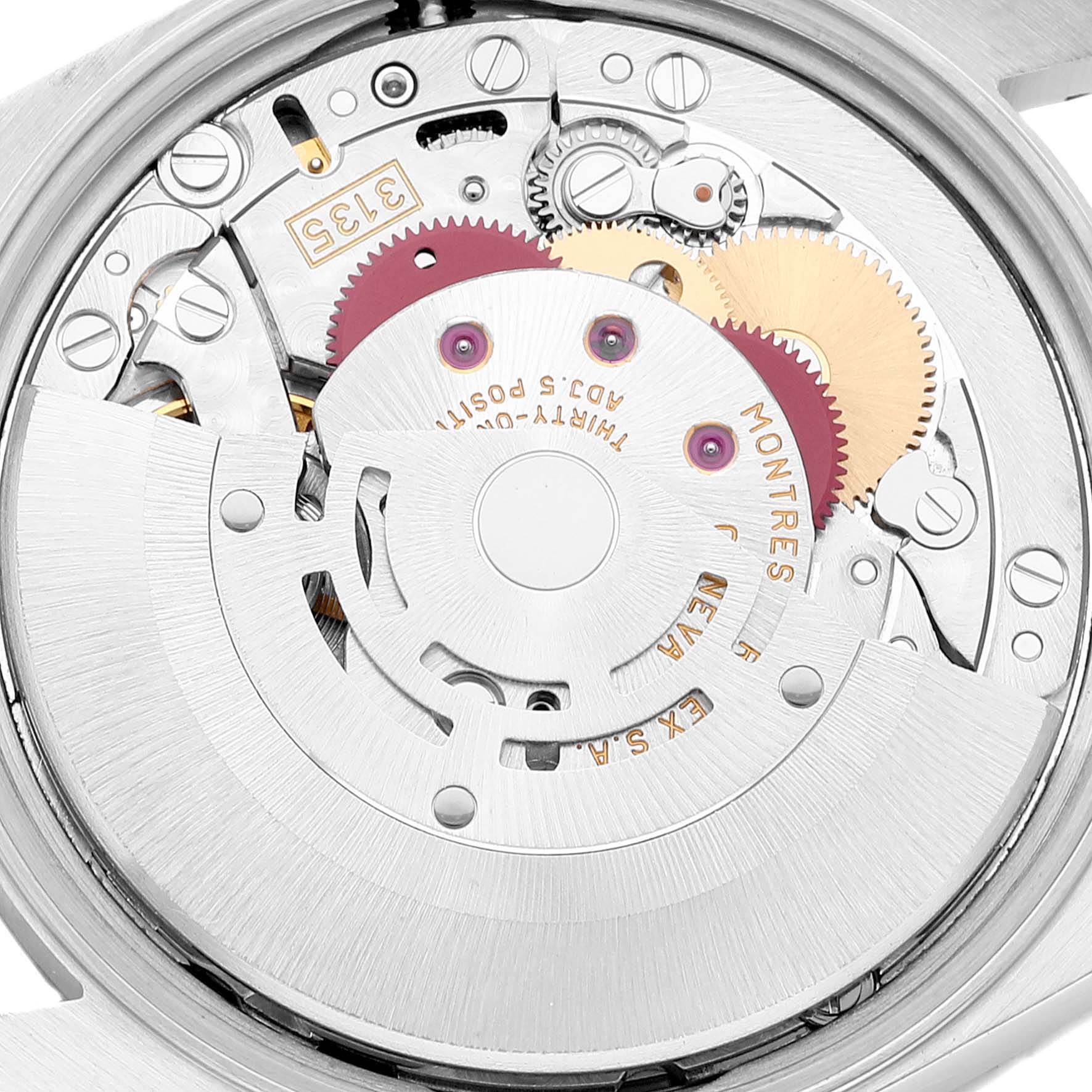 This image shows the intricate internal mechanical movement of a Rolex Date 15210 Men
s Stainless Steel Black Dial 15210 Men
s Stainless Steel Black Dial watch, highlighting the gears and rotor.