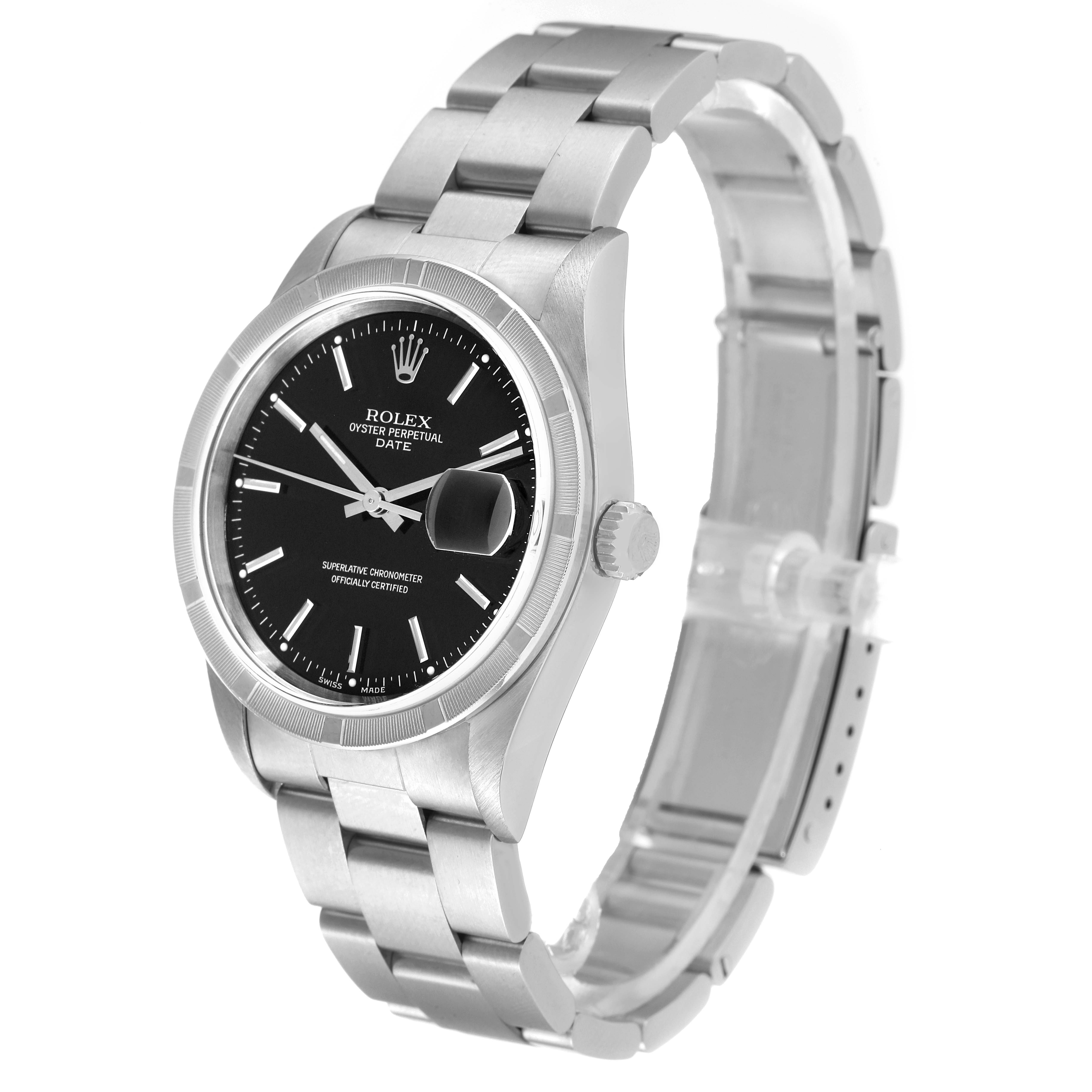 The image shows a Rolex Date 15210 Men
s Stainless Steel Black Dial 15210 Men
s Stainless Steel Black Dial model watch angled slightly from the right, displaying the face, bezel, crown, and part of the bracelet.