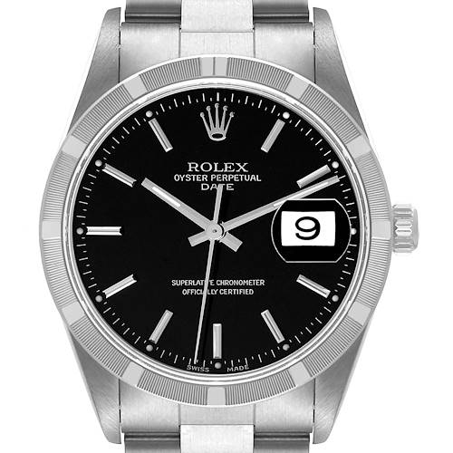 Photo of Rolex Date Black Dial Oyster Bracelet Steel Mens Watch 15210 Box Papers