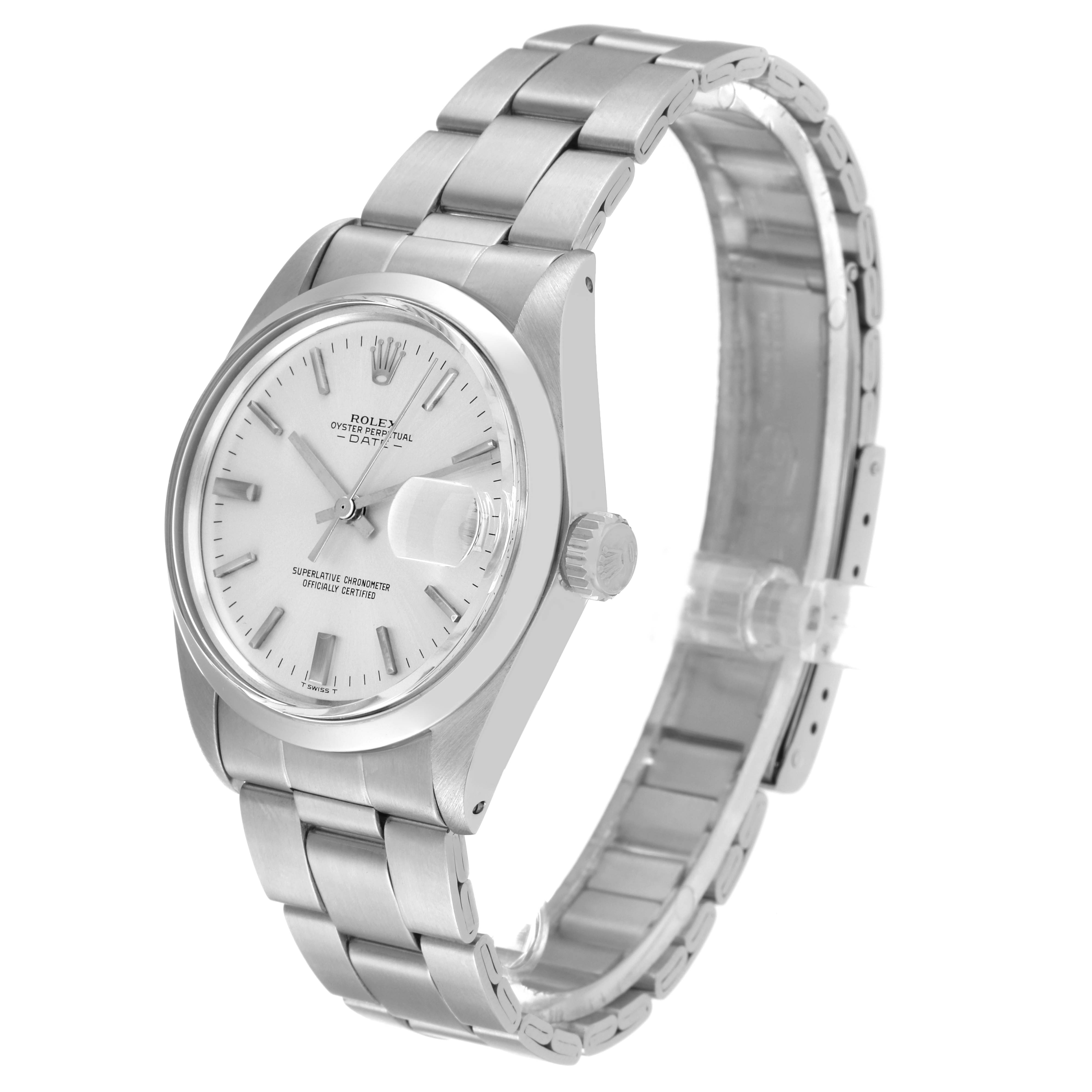 The image shows a side-angle view of a Rolex Vintage Collection 1500 Men's Stainless Steel Silver Dial 1500 Men's Stainless Steel Silver Dial model, highlighting its stainless steel case, bracelet, and dial.