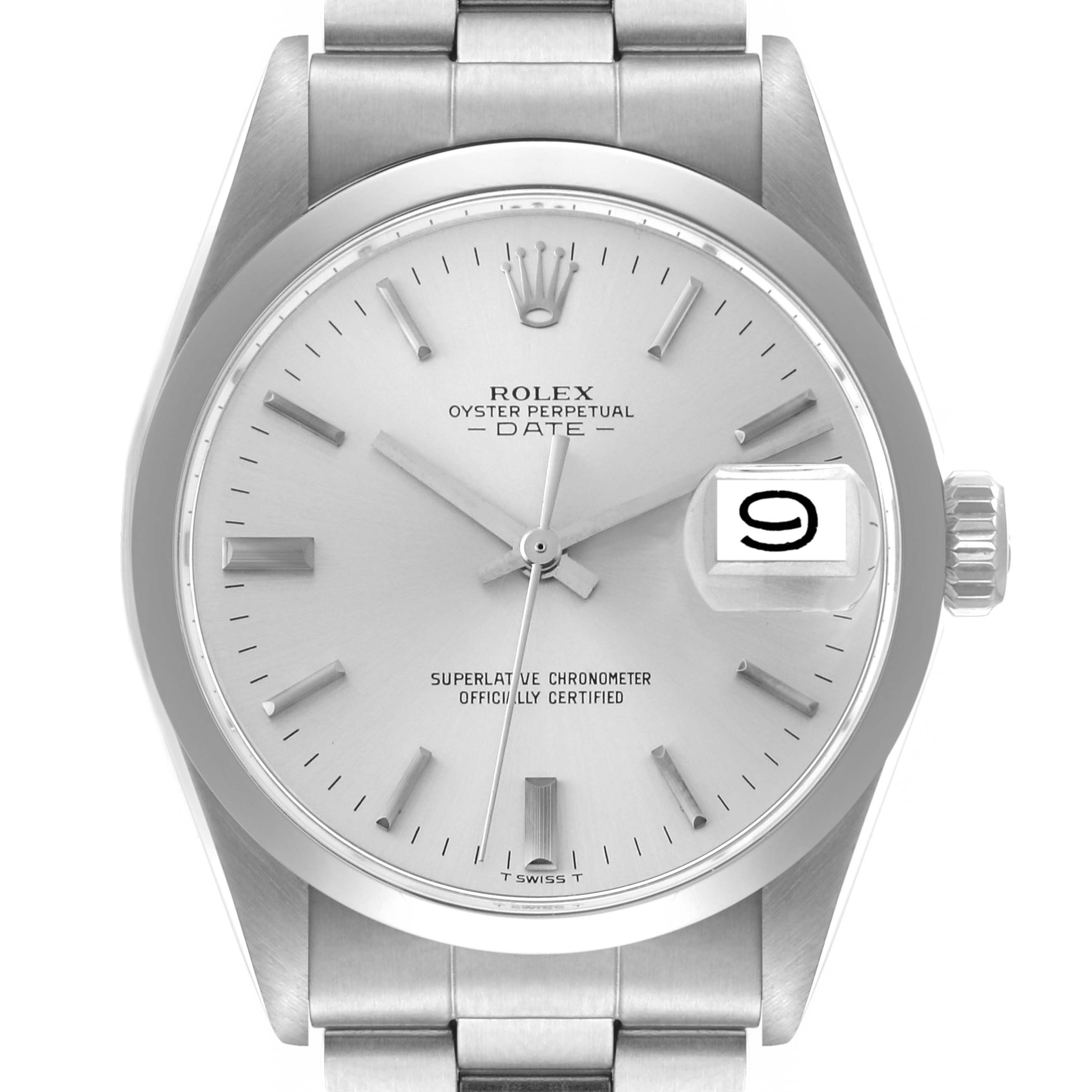 The image shows a front close-up of the watch face and part of the band of a Rolex Vintage Collection 1500 Men's Stainless Steel Silver Dial 1500 Men's Stainless Steel Silver Dial model.
