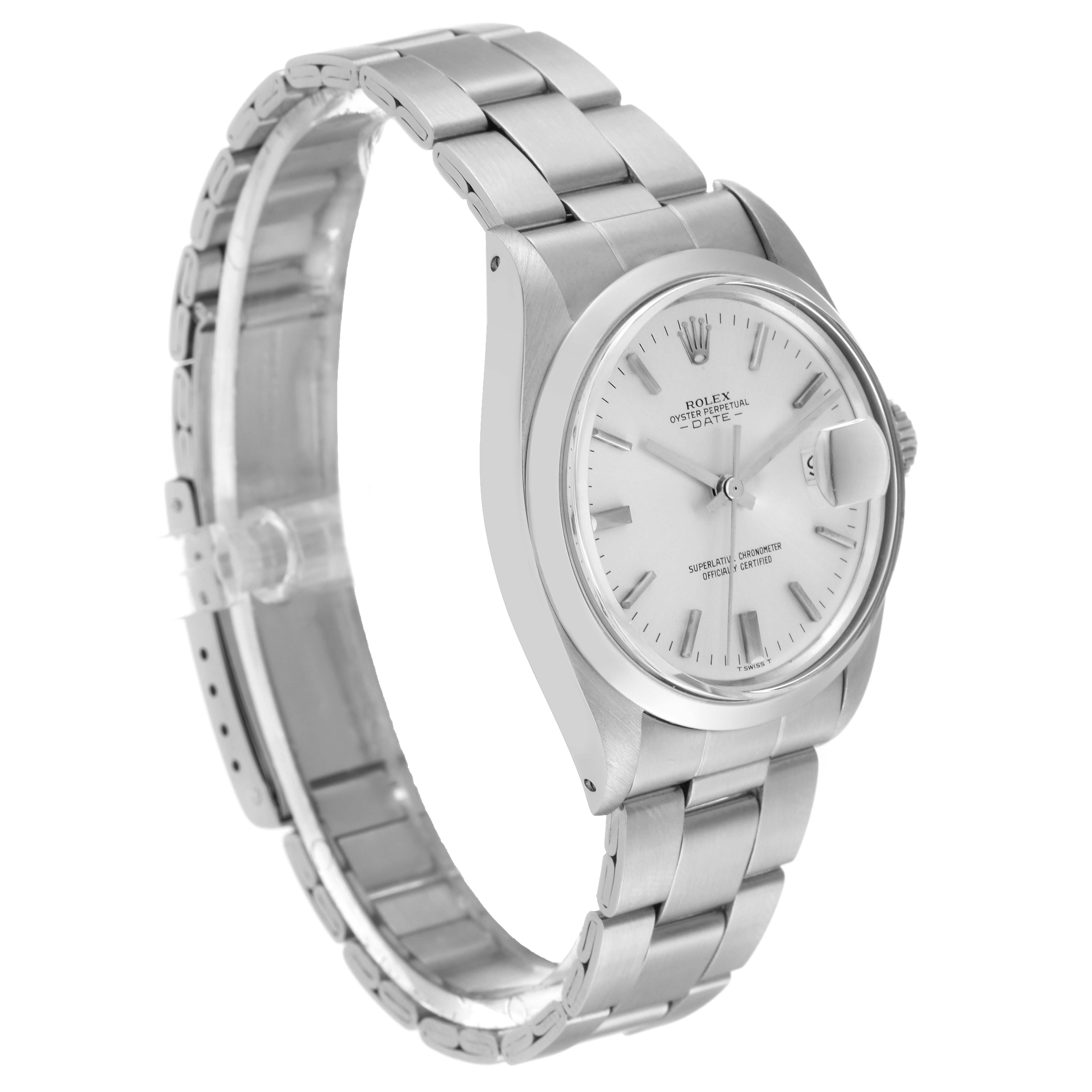 The image shows a side angle view of the Rolex Vintage Collection 1500 Men's Stainless Steel Silver Dial 1500 Men's Stainless Steel Silver Dial watch, highlighting its silver bracelet and white dial.