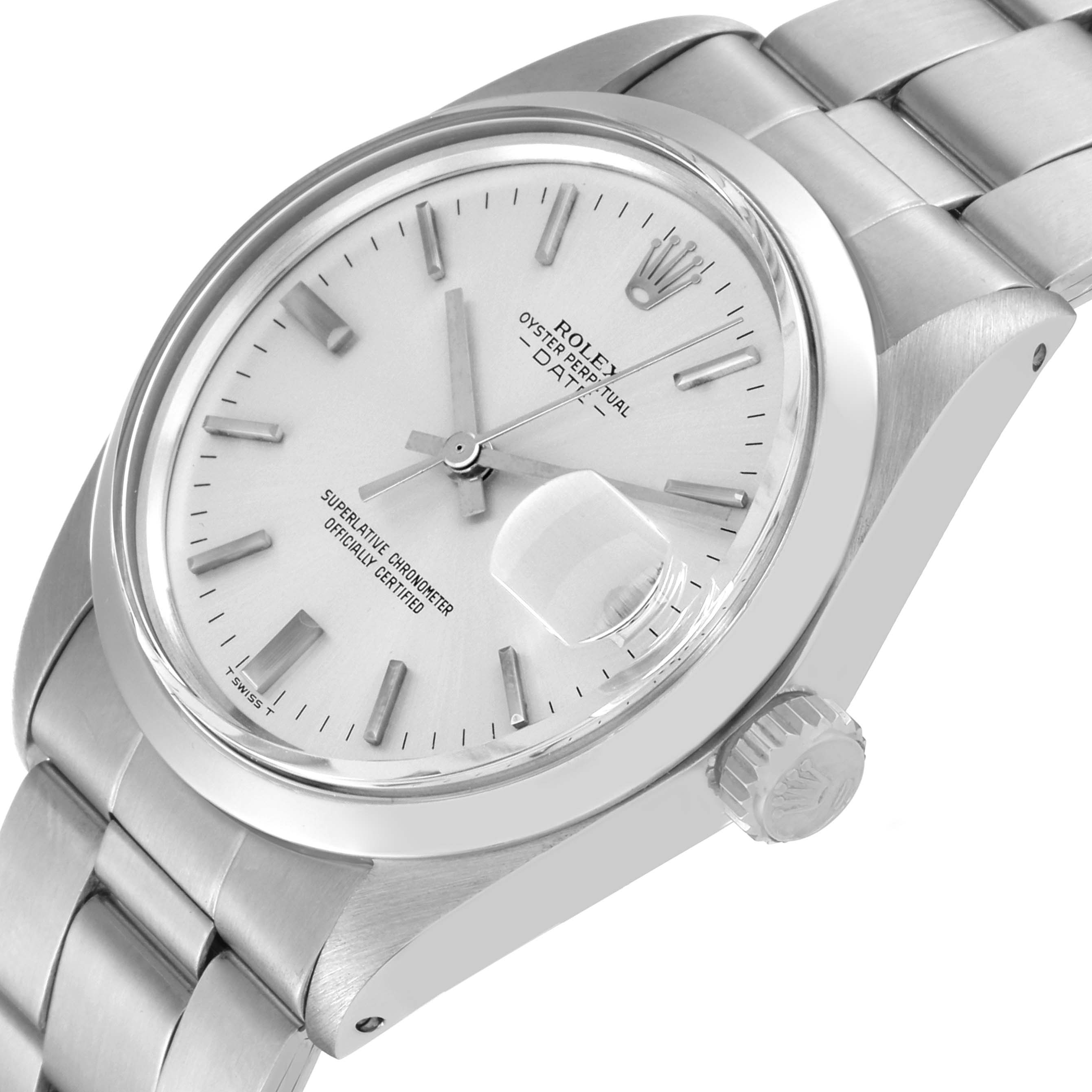 The image shows a side view of the Rolex Vintage Collection 1500 Men's Stainless Steel Silver Dial 1500 Men's Stainless Steel Silver Dial, highlighting its face, crown, and part of the bracelet.