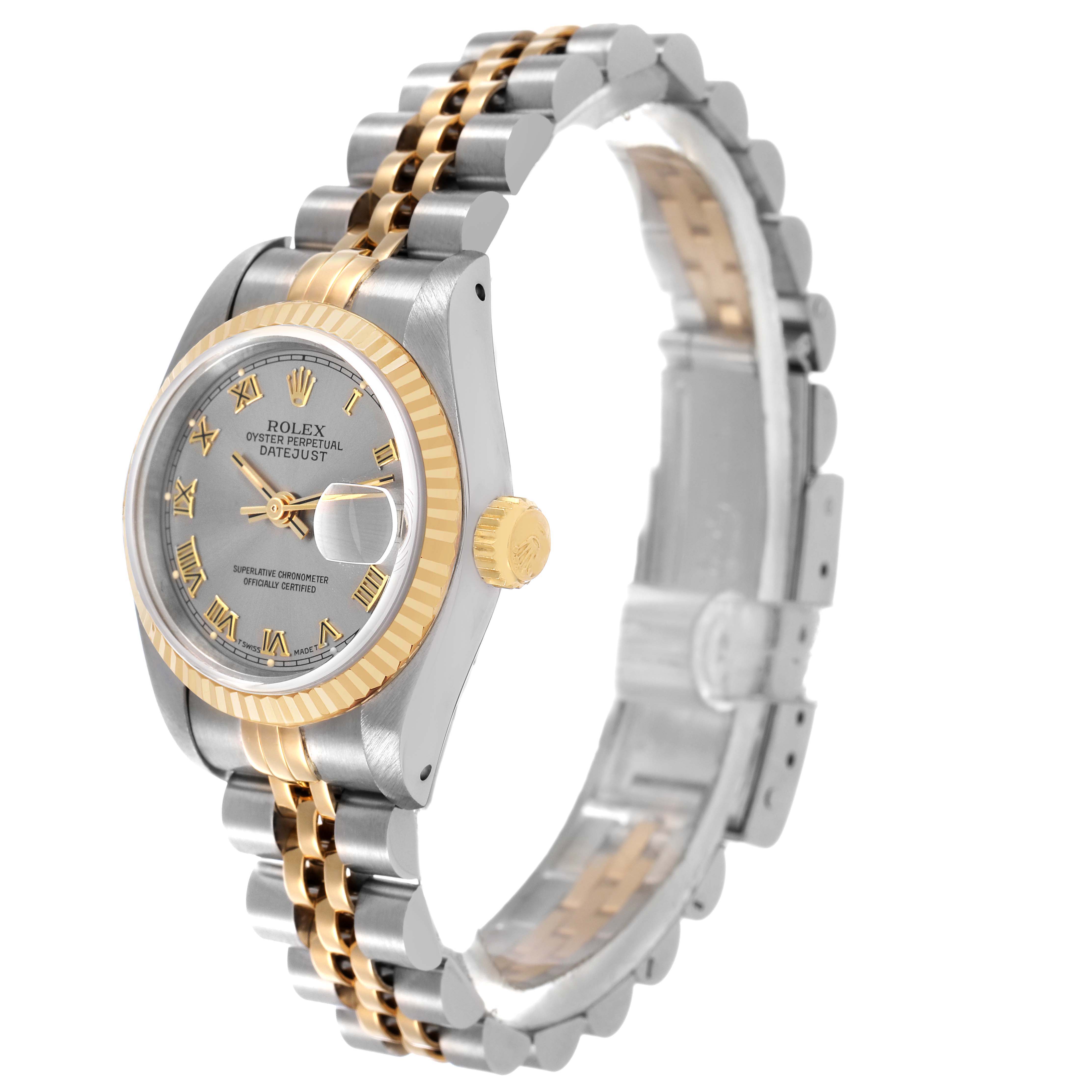 The Rolex Datejust 69173 Women's Stainless Steel Grey Dial watch is shown at an angle displaying the face, bezel, crown, and bracelet.