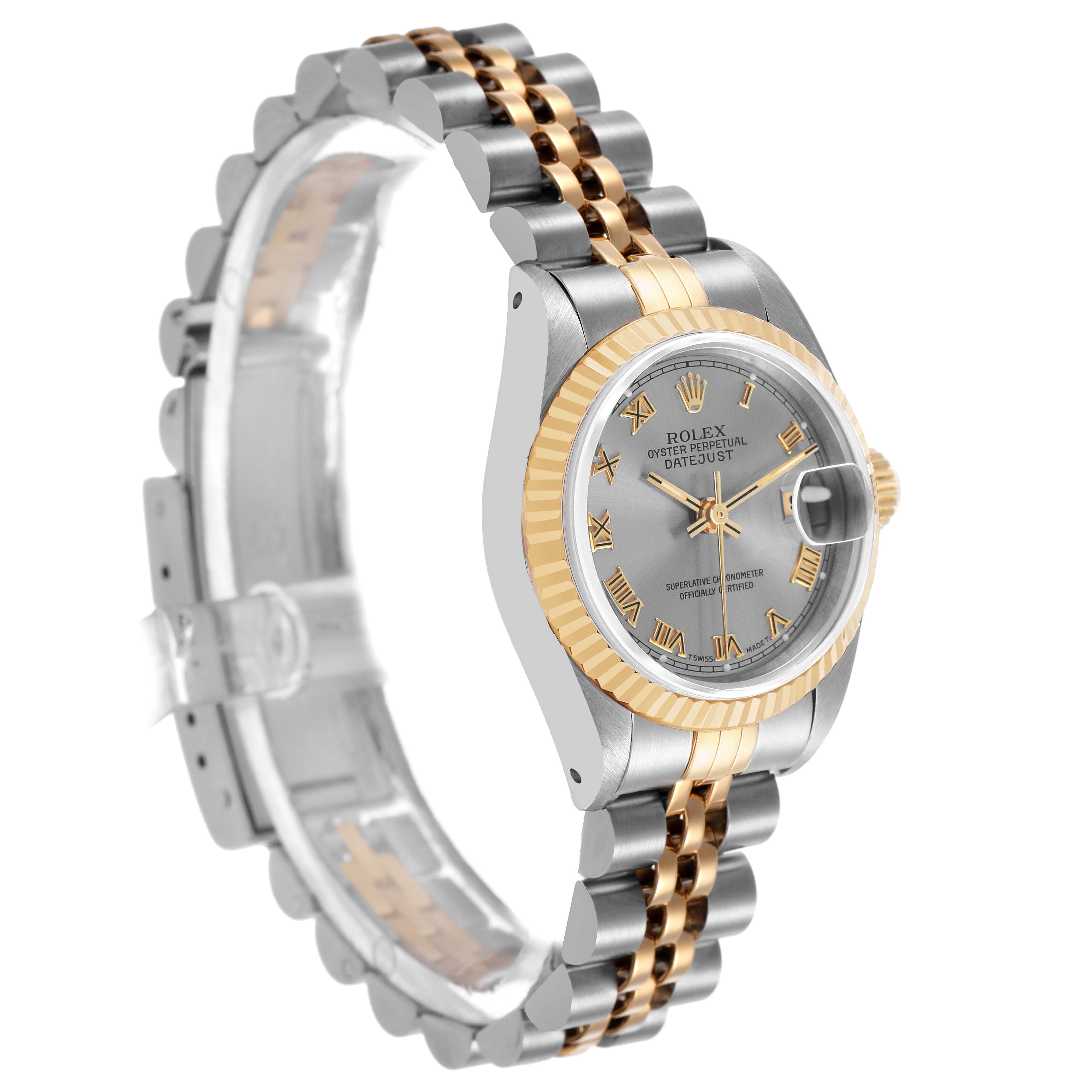 The Rolex Datejust 69173 Women's Stainless Steel Grey Dial watch is shown at a three-quarter angle, highlighting its two-tone bracelet, fluted bezel, and silver dial.