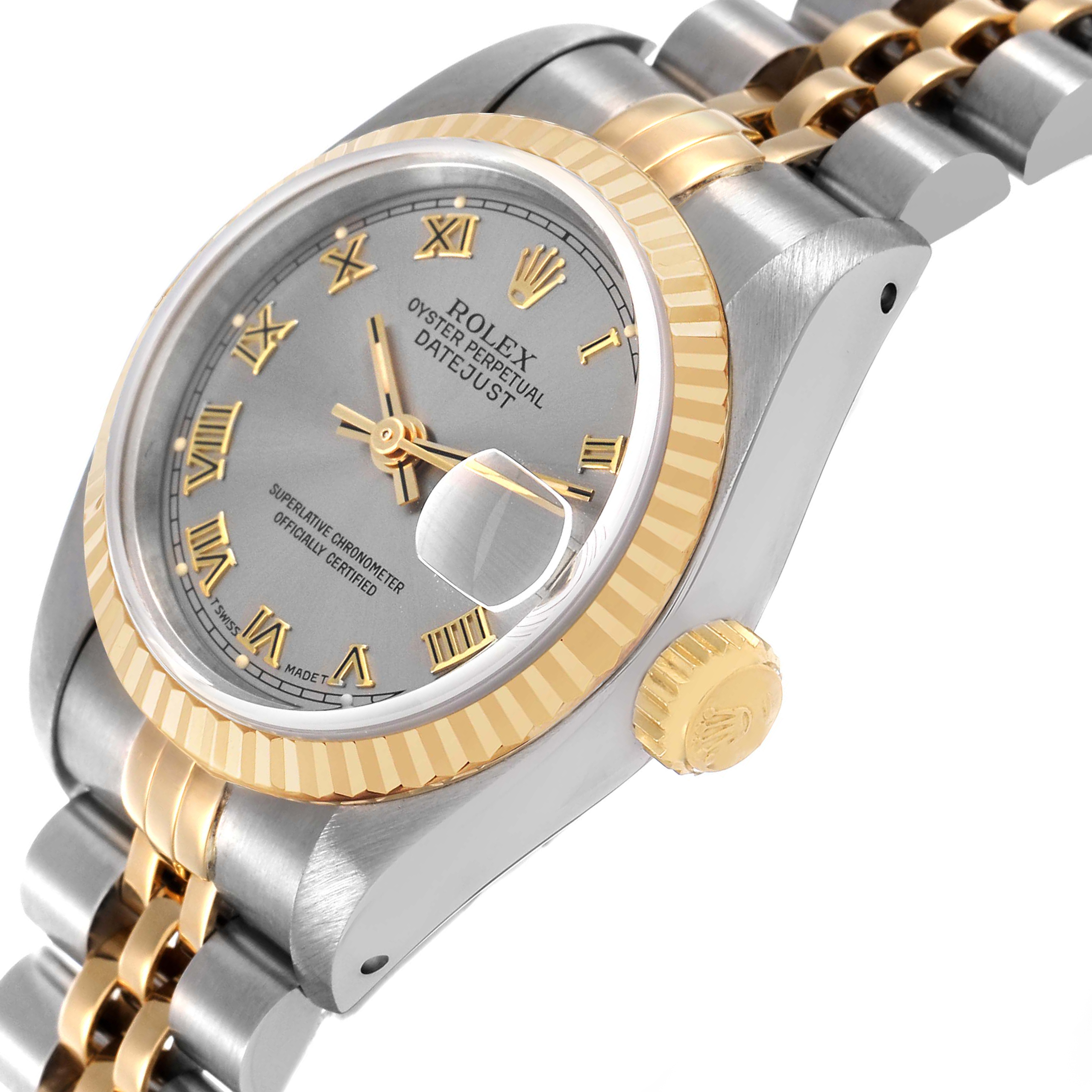 The Rolex Datejust 69173 Women's Stainless Steel Grey Dial watch is shown at a side angle, displaying the fluted bezel, crown, and part of the jubilee bracelet.