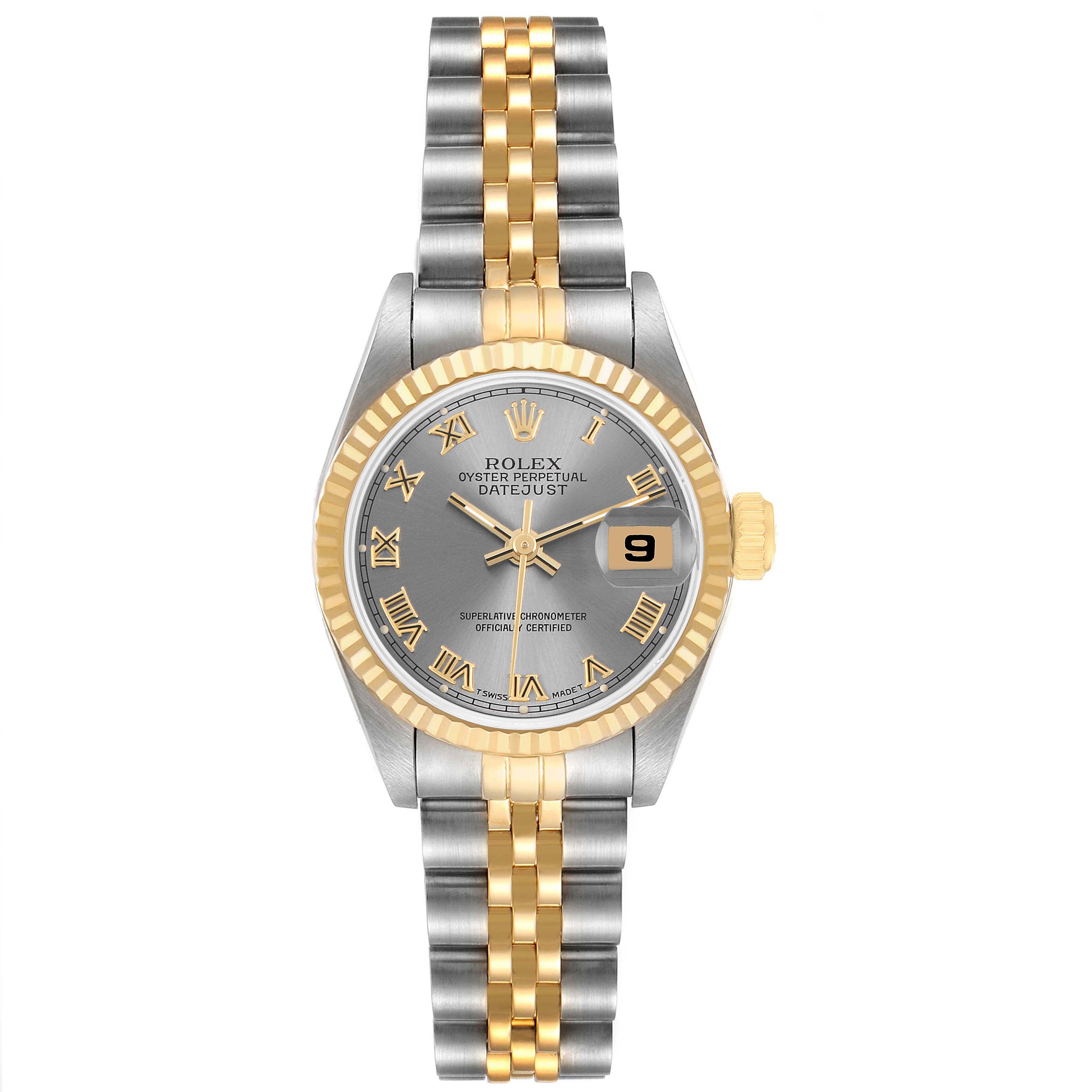 The Rolex Datejust 69173 Women's Stainless Steel Grey Dial watch is shown from the front, highlighting its dial, bezel, and two-tone bracelet.