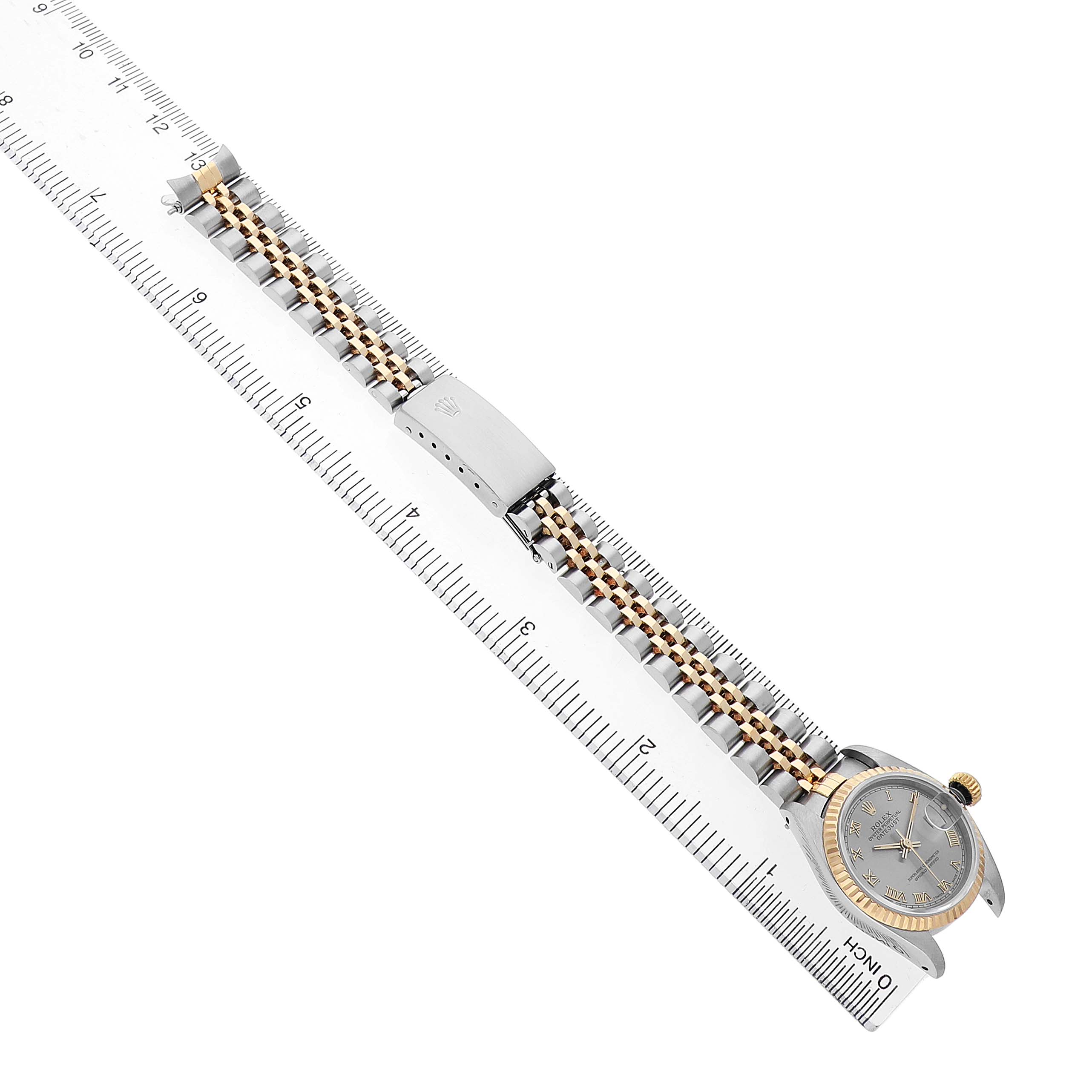 The Rolex Datejust 69173 Women's Stainless Steel Grey Dial watch is shown from a top view, highlighting the case, bezel, and Jubilee bracelet.