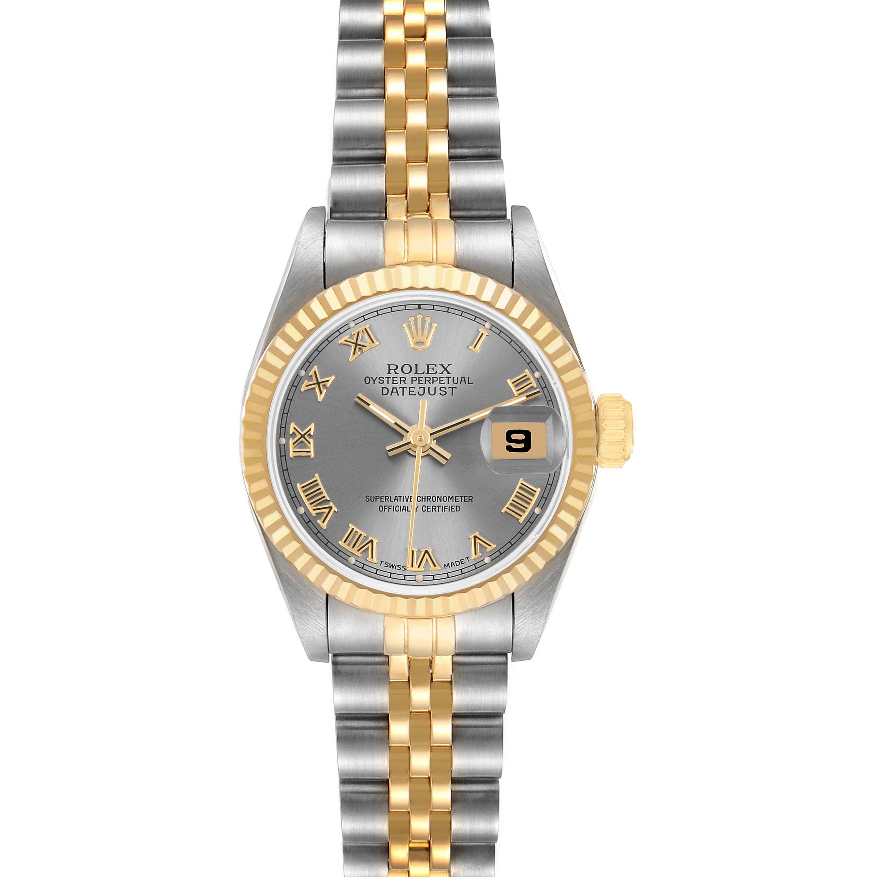 The Rolex Datejust 69173 Women's Stainless Steel Grey Dial is shown from the front, displaying the dial, bezel, crown, and two-tone bracelet.
