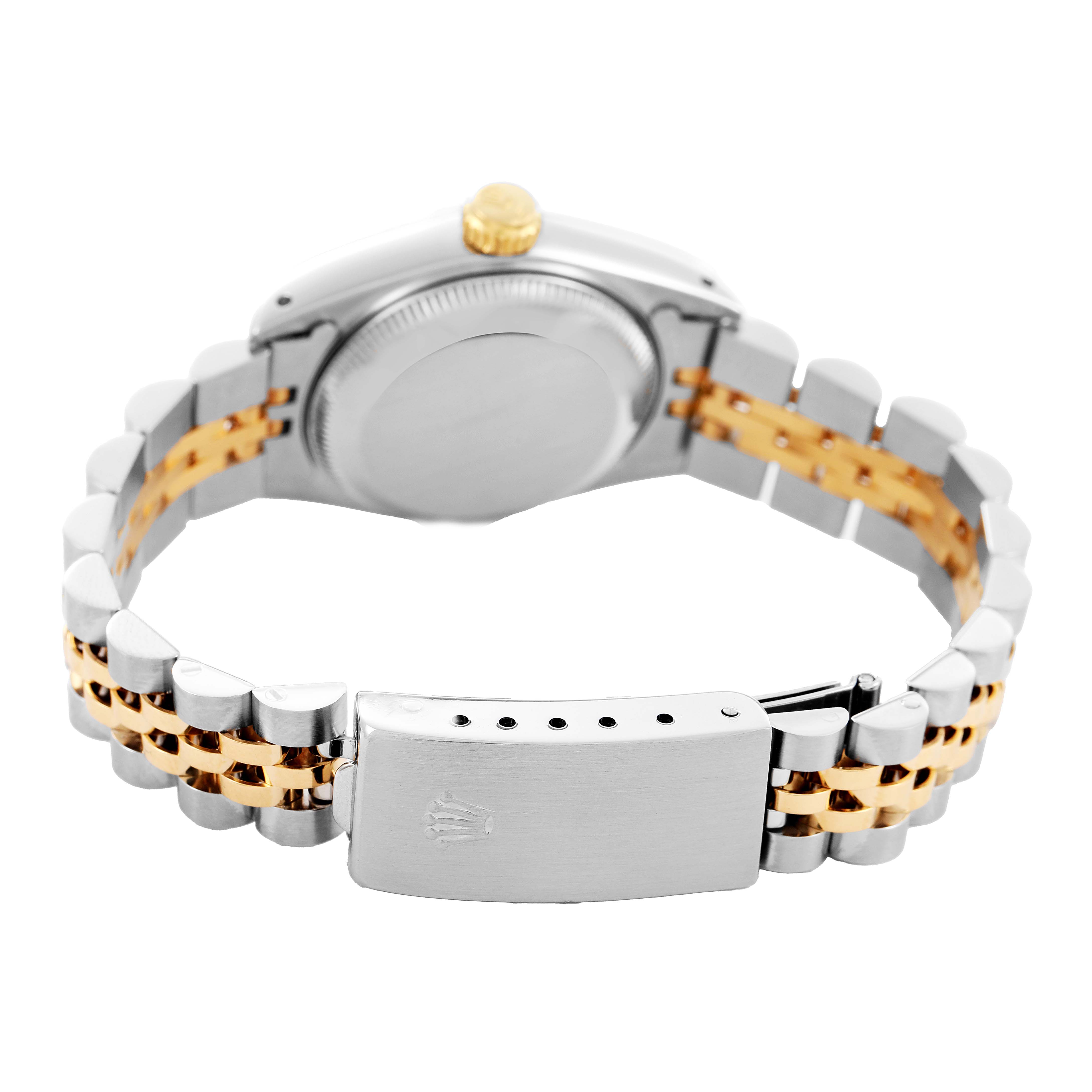The image shows the Rolex Datejust 69173 Women's Stainless Steel Grey Dial watch from the back, highlighting the clasp, bracelet, and caseback.