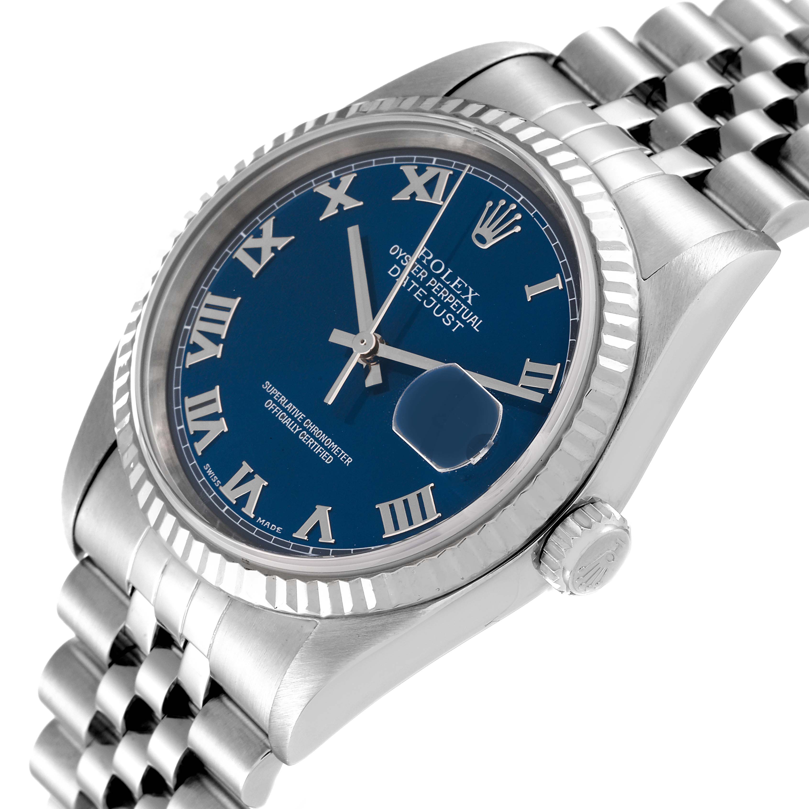 This image shows the Rolex Datejust 16234 Men's Stainless Steel Blue Dial 16234 Men's Stainless Steel Blue Dial watch at an angled close-up, highlighting the blue dial, Roman numerals, and part of the bracelet.