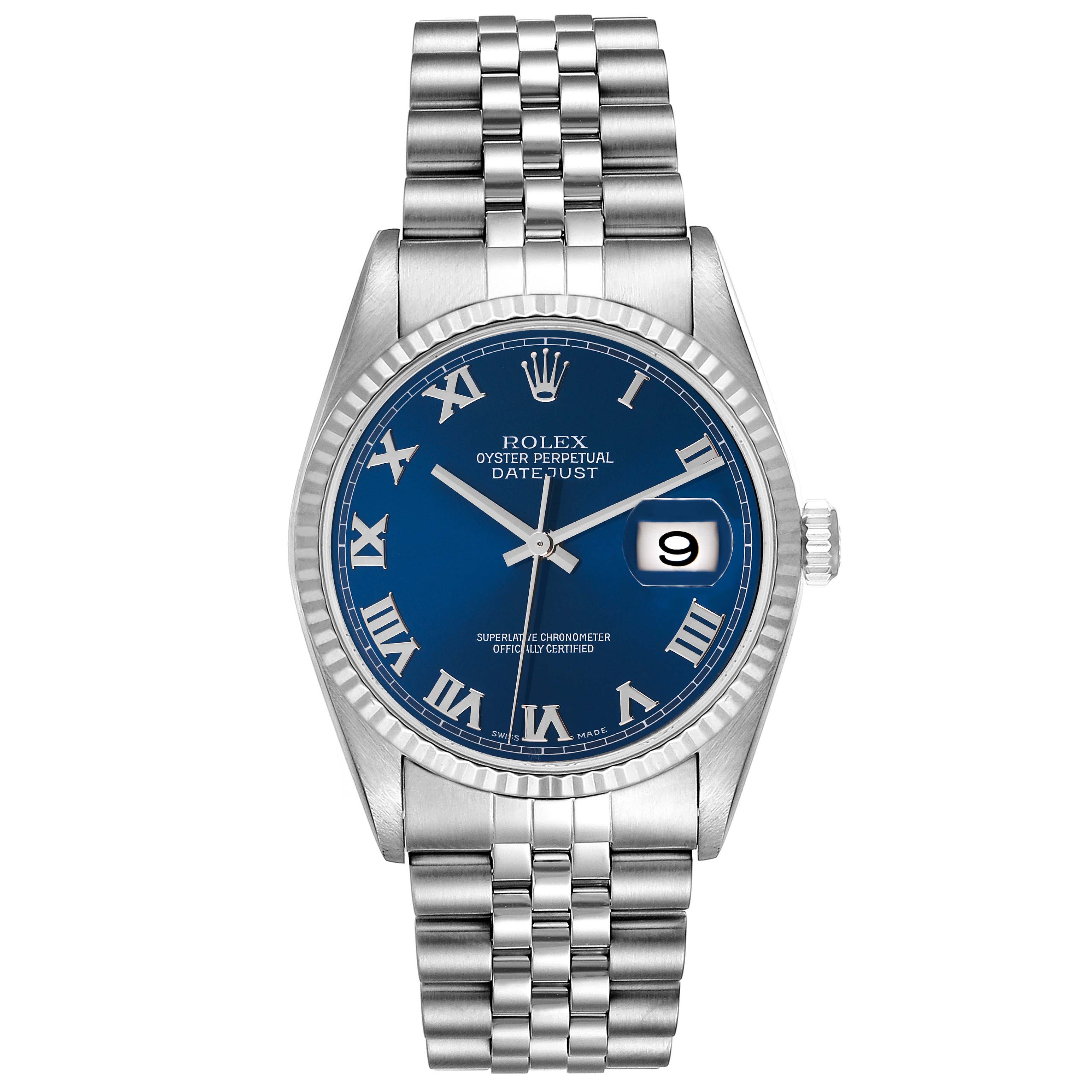 The image shows a frontal view of the Rolex Datejust 16234 Men's Stainless Steel Blue Dial 16234 Men's Stainless Steel Blue Dial watch with a blue dial and roman numerals.