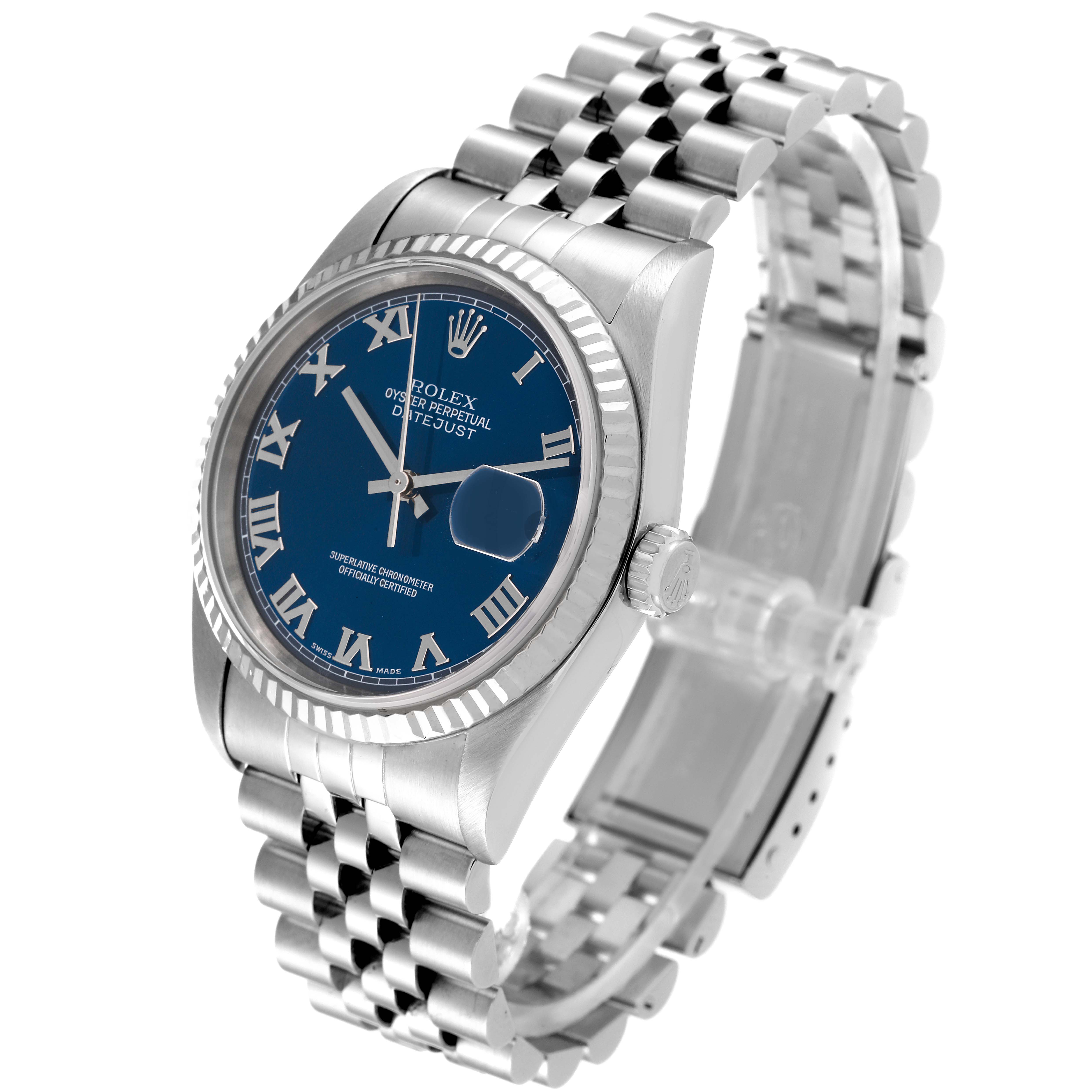 The Rolex Datejust 16234 Men's Stainless Steel Blue Dial 16234 Men's Stainless Steel Blue Dial watch is shown at a three-quarter angle, highlighting its blue dial, Roman numerals, date window, and Jubilee bracelet.