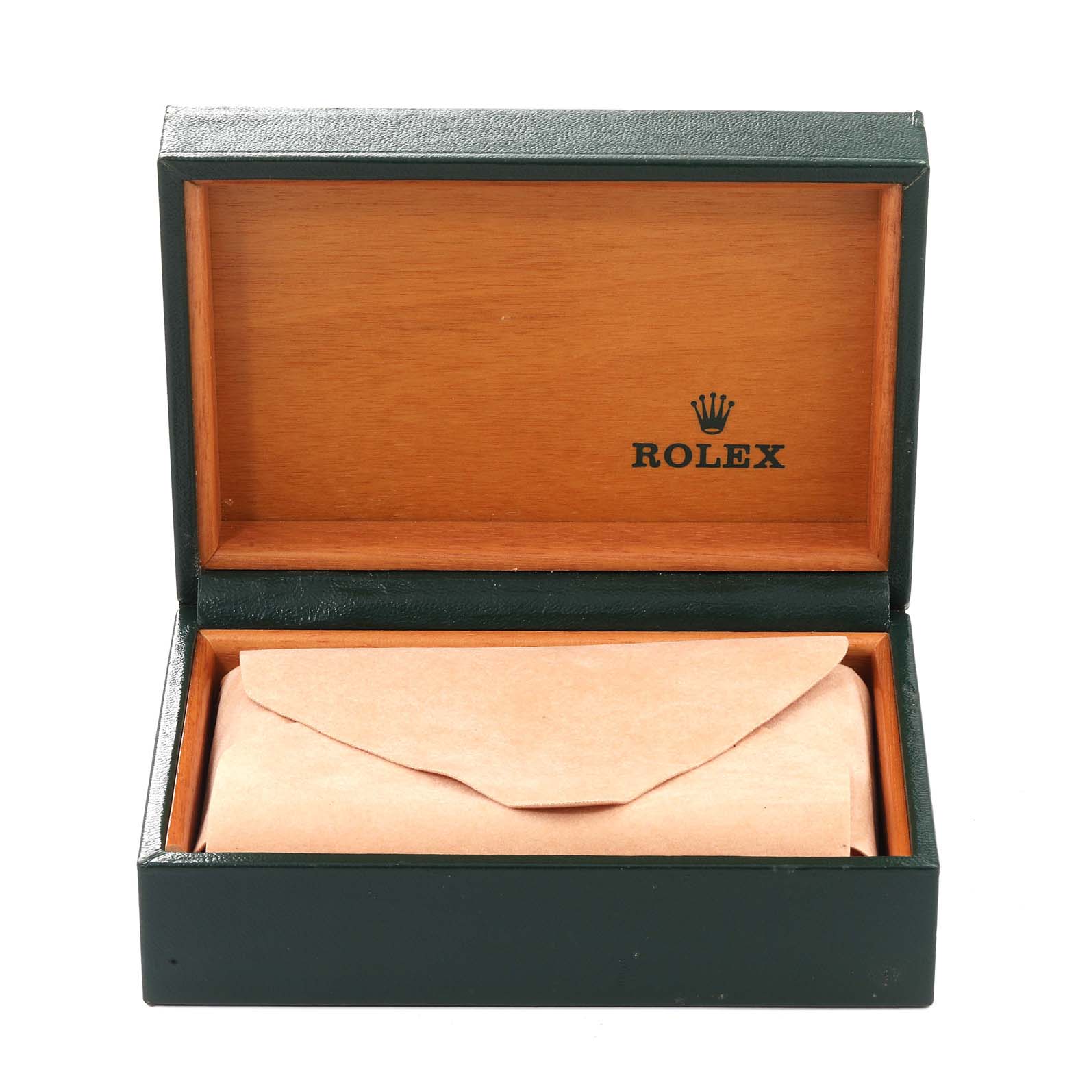 The image shows an open Rolex Datejust 16234 Men's Stainless Steel Blue Dial 16234 Men's Stainless Steel Blue Dial watch box, displaying the inner wooden lining and the wrapped watch inside.