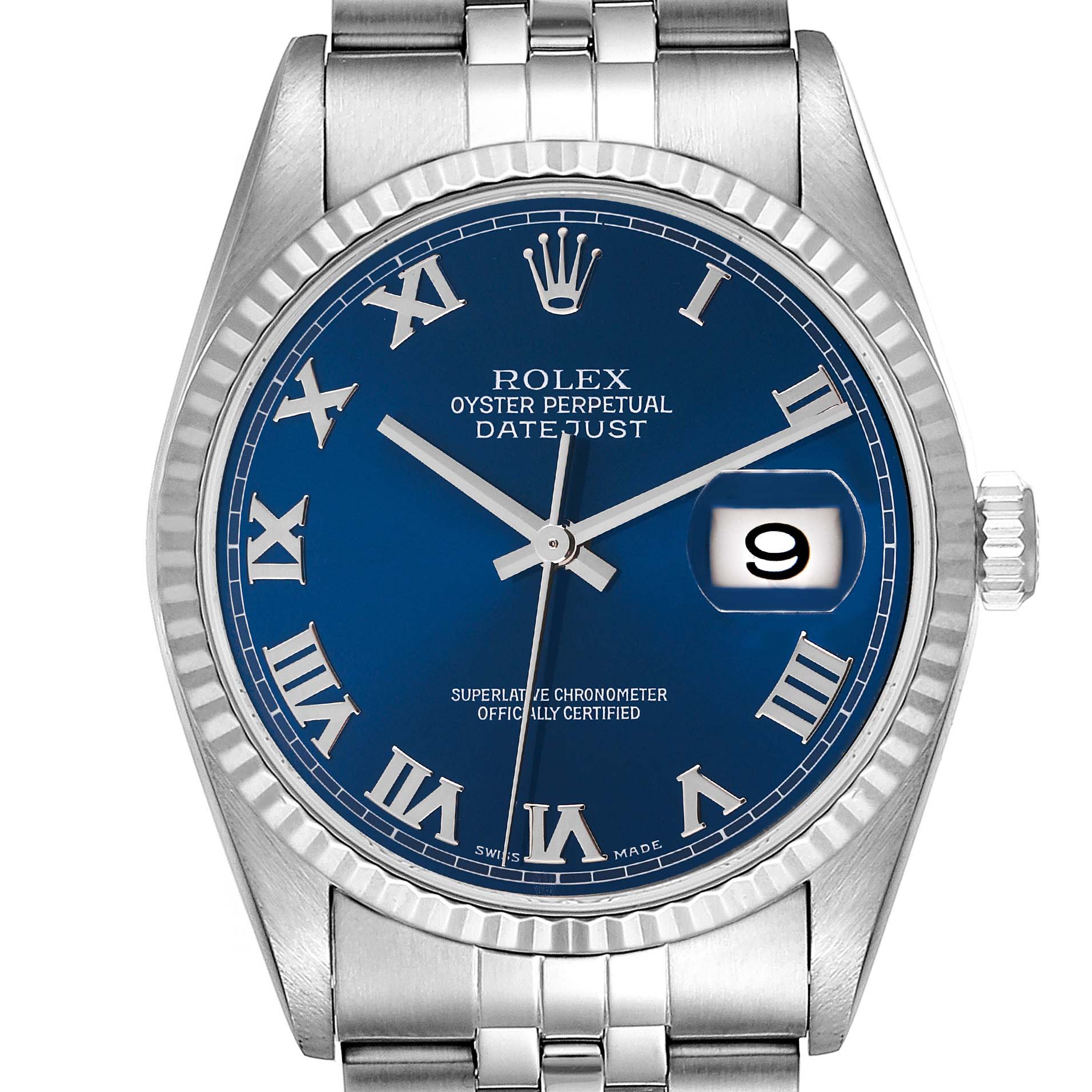 The image shows a close-up of the face of a Rolex Datejust 16234 Men's Stainless Steel Blue Dial 16234 Men's Stainless Steel Blue Dial watch with a blue dial, Roman numerals, and a date window.