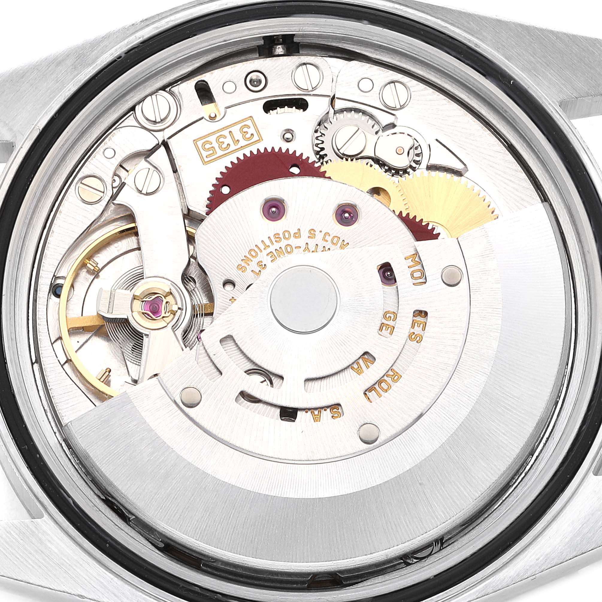 The image shows a close-up of the movement and internal mechanism of a Rolex Datejust 16234 Men's Stainless Steel Blue Dial 16234 Men's Stainless Steel Blue Dial watch from the back.