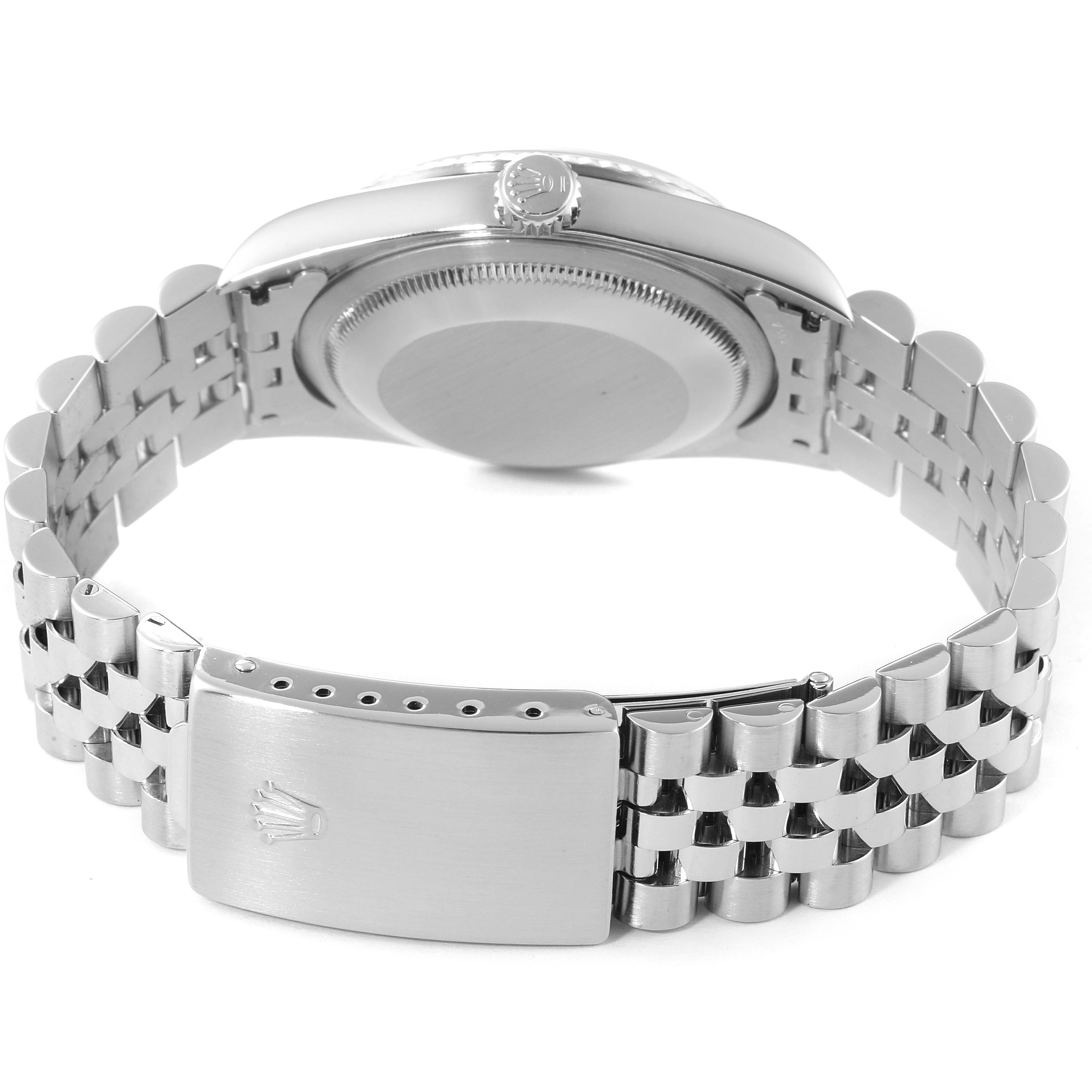 The image shows the back view of a Rolex Datejust 16234 Men's Stainless Steel Blue Dial 16234 Men's Stainless Steel Blue Dial watch, highlighting the case back, crown, and bracelet clasp.