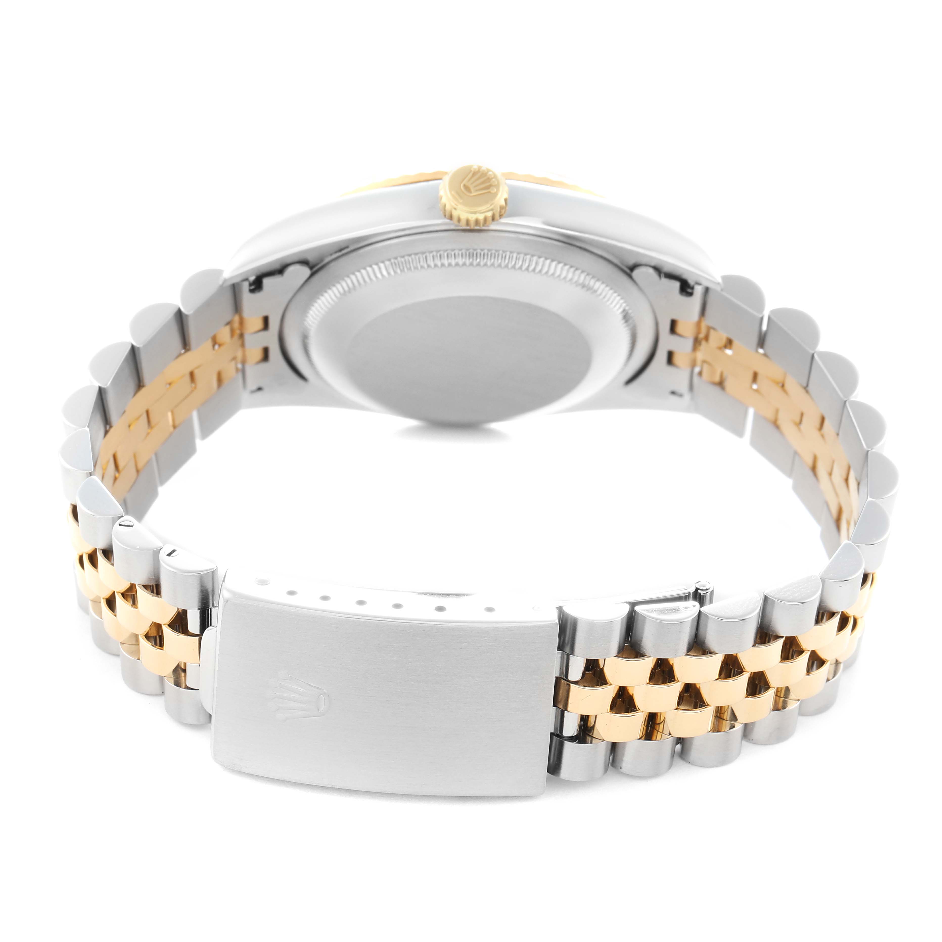 The image shows the back and bracelet of the Rolex Datejust model 16233, highlighting the two-tone Jubilee bracelet and clasp.